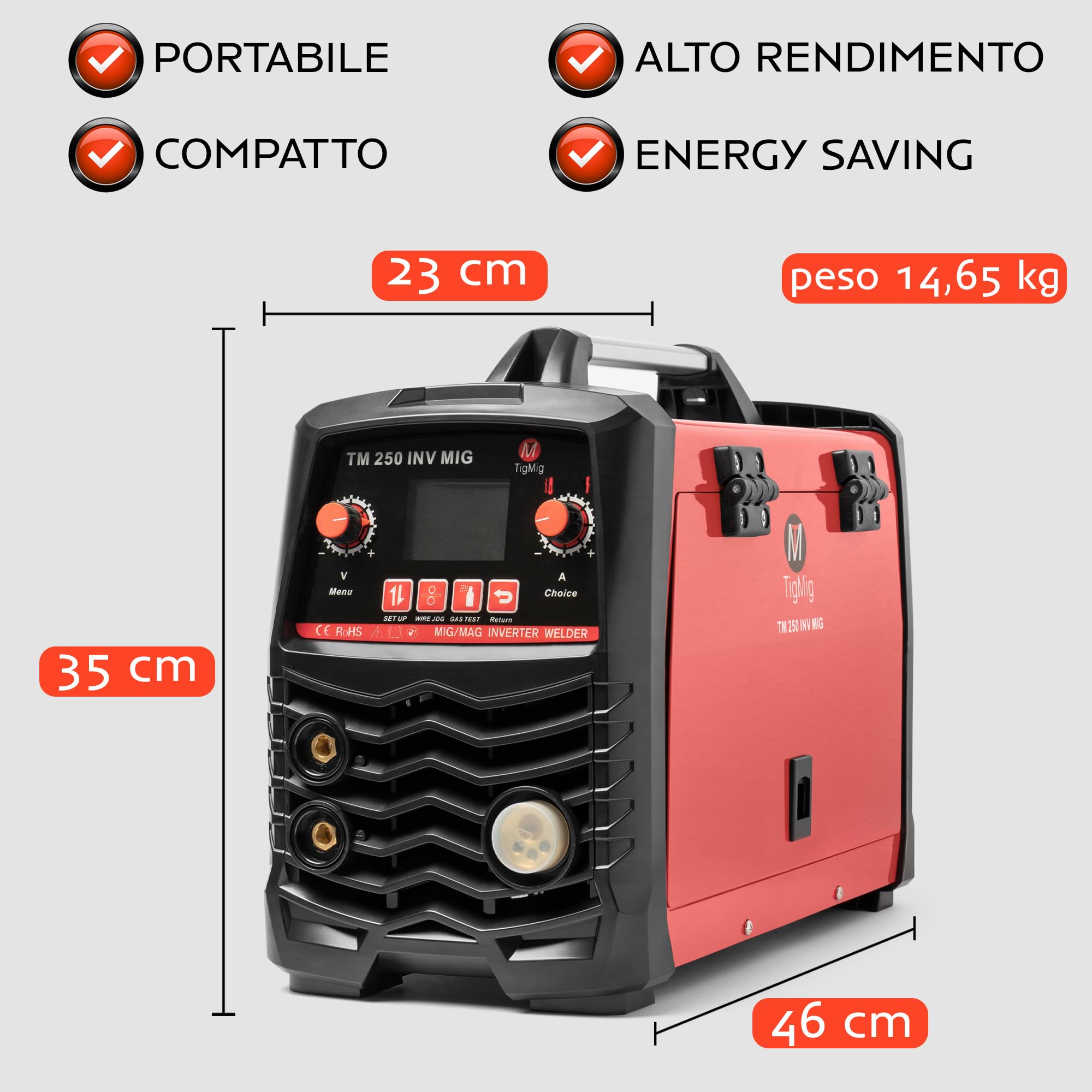 TIGMIG Saldatrice Inverter MIG/MAG (Con o Senza Gas) + FLUX (Filo animato) + MMA, Fino a 200A, Modello TM250INVMIG, Inverter IGBT, Accessori inclusi, Garanzia e Assistenza Italia