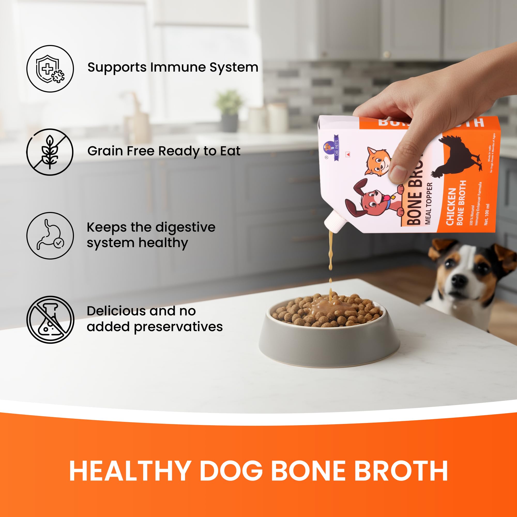 Dr.Pets Chicken Bone Broth for Dogs & Cats, Dog Food Meal Topper, Human Grade Preservative Free, Dog Treats for All Life Stages, Natural Supplements -Parent (Pack of 1) 1