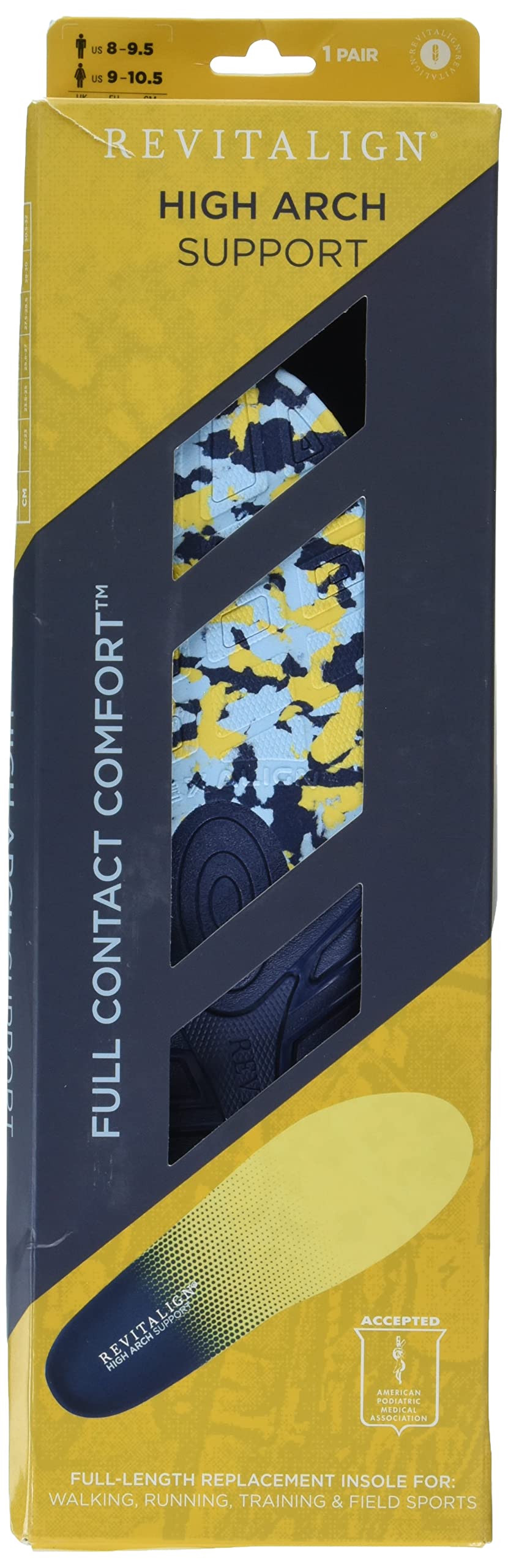 REVITALIGN Soletta di supporto per arco plantare alto, unisex, giallo, W 7-8,5 / M 6-7,5