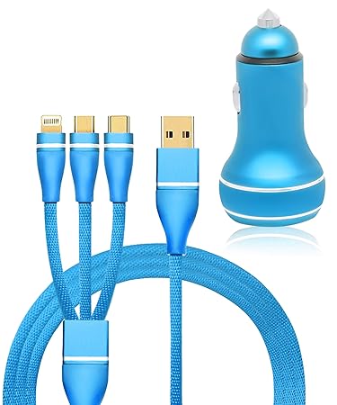 SPAIKO Dual Port Car Mobile Charger Smart & Rapid Charging with 3 in 1 USB Nylon Braided USB Charging Cable for Android, Lightning & Type C Phones (4.8 A Blue)