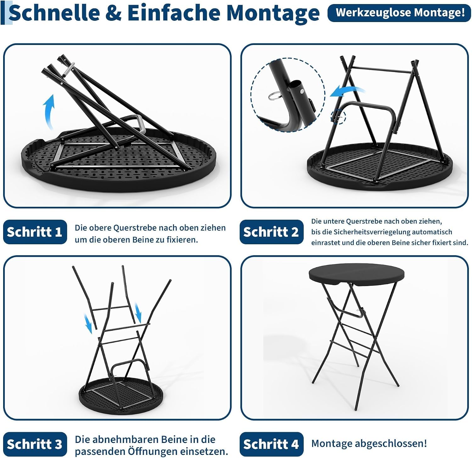 2 Set Klappbarer Stehtisch Rund 80cm x 110cm HDPE Tischplatte Wasserdicht Bistrotisch Bartisch Robust Outdoor Gastro Party Garten Hochzeit, Schwarz