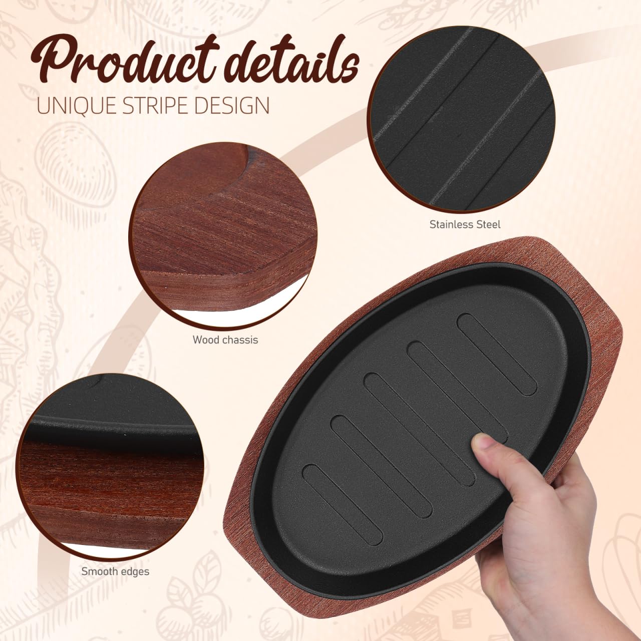 Toyvian Sartén Parrilla de Hierro Fundido con Base de Madera Placa para Asar Carne y Pescado Plancha Teppanyaki para Hogar y Cocina