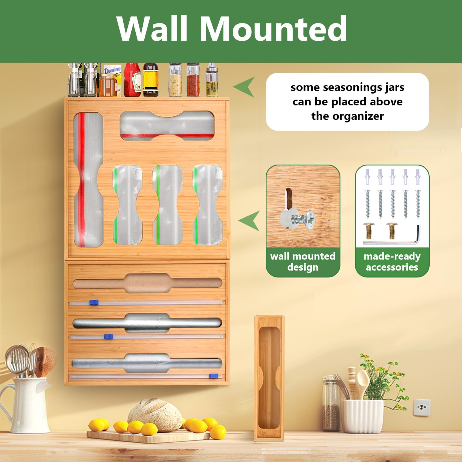 Bambus-Küchen-Organizer Set – 9-in-1 Mit Folien-Spender & Aufbewahrungsboxen – Für Schublade Oder Wand