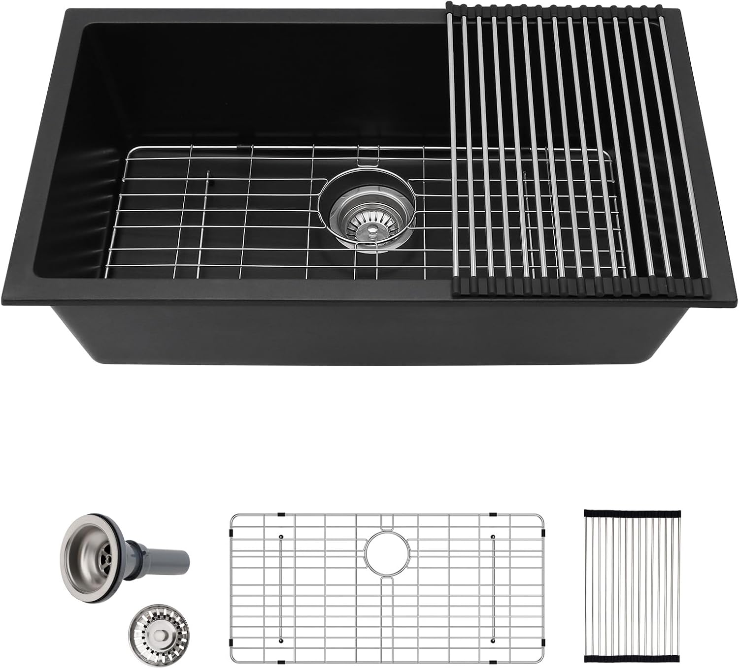 33 Black Kitchen Sink Granite Composite - Sarlai 33 x 19 inch Kitchen Sink Undermount Matte Black Granite Composite Quartz Single Bowl Black Under Counter Kitchen Sink Basin with Stainless Steel Grid 33"x19" Black