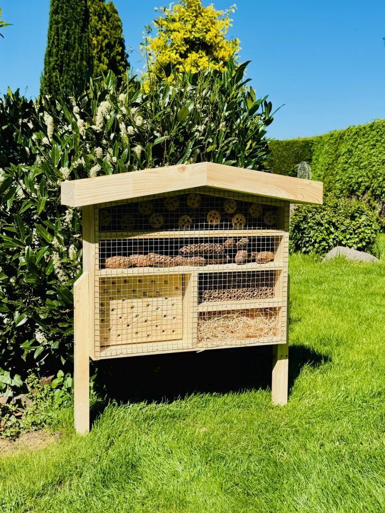 Hotel de insectos de madera XL abejas silvestres ayuda para anidar I Casa de insectos con jardinera de madera y soporte 76 x 56 x 18 cm (alto x ancho x profundidad), resistente a la intemperie