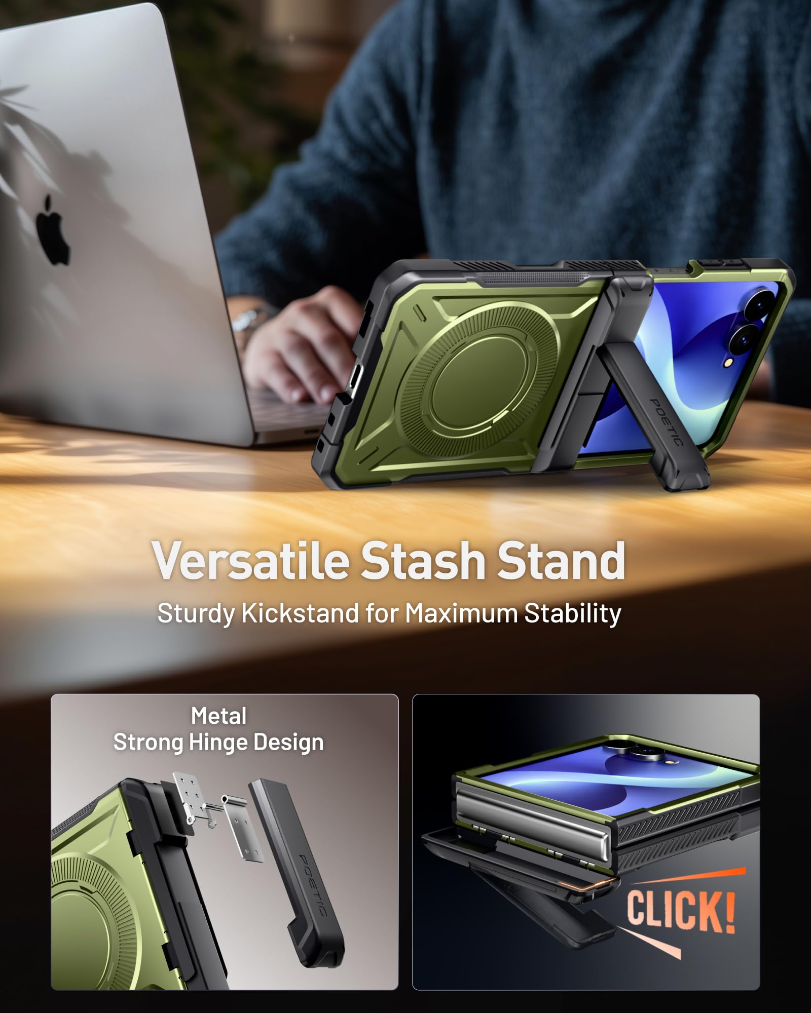 Poetic Spartan - Custodia protettiva per Samsung Galaxy Z Flip 8, con cerniera, compatibile con MagSafe, pellicola protettiva in vetro temperato, robusta, antiurto, con cavalletto, colore: verde