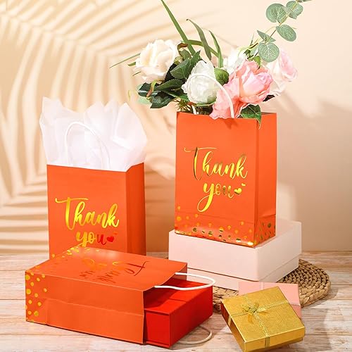 Miniatura 4 de 30 bolsas de regalo de agradecimiento con papel de seda dorado con asa para negocios, compras, bodas, baby shower, recuerdos de fiesta (naranja)