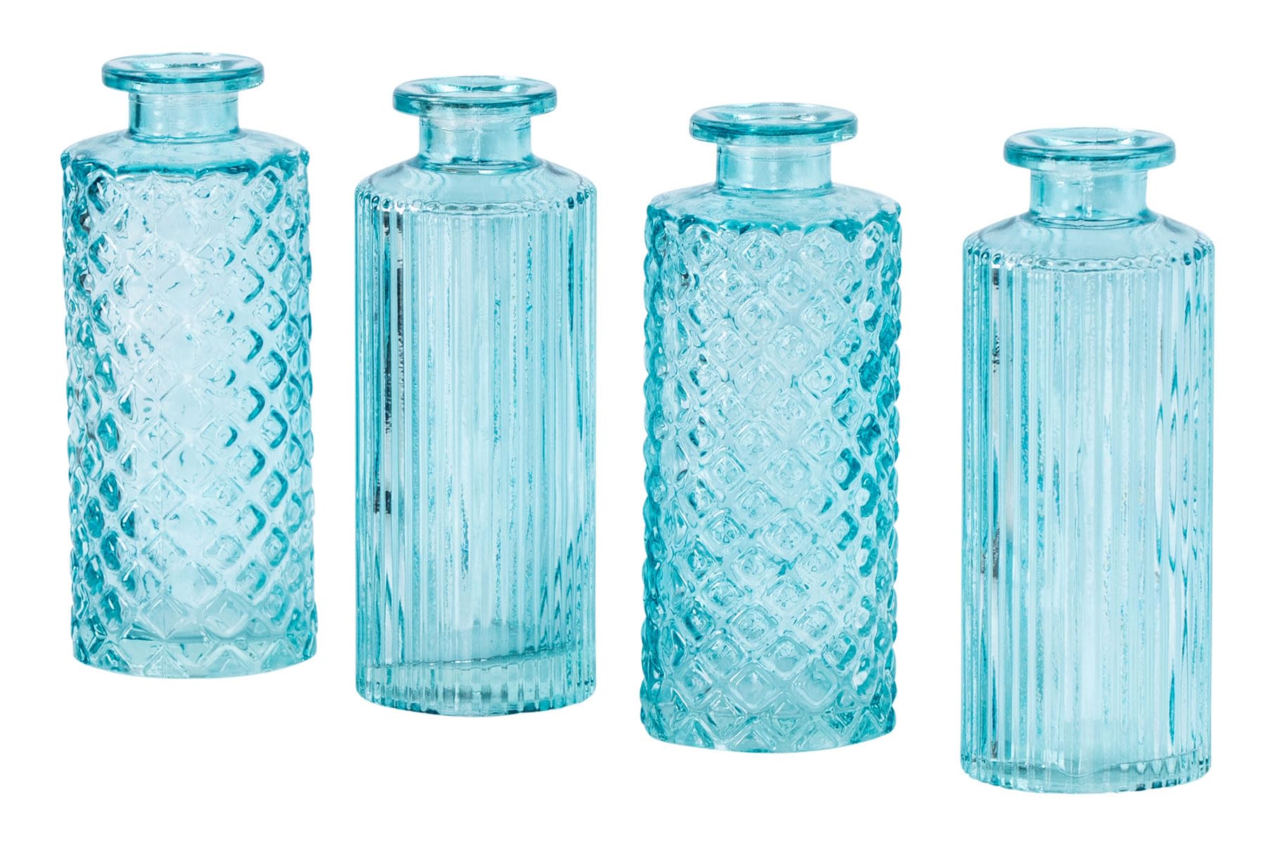 Juego de 4 jarrones de cristal turquesa, 13 cm de alto, jarrón de cristal retro, decoración de mesa de primavera, jarrón decorativo