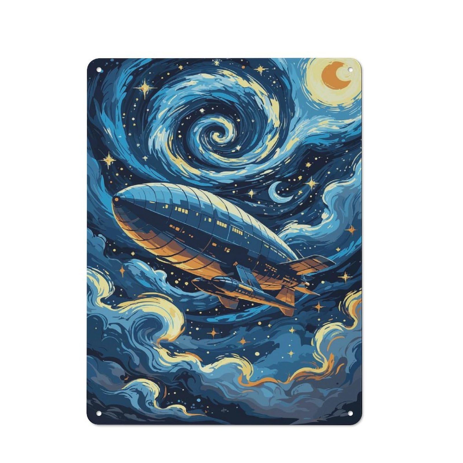 Junmoney Style-9 Retro Airship In Starry Night Sky Vintage Metal Sign 40X30cm, Room Wall Plaque For Flat, Dorm Room, Lounge Or Cafe