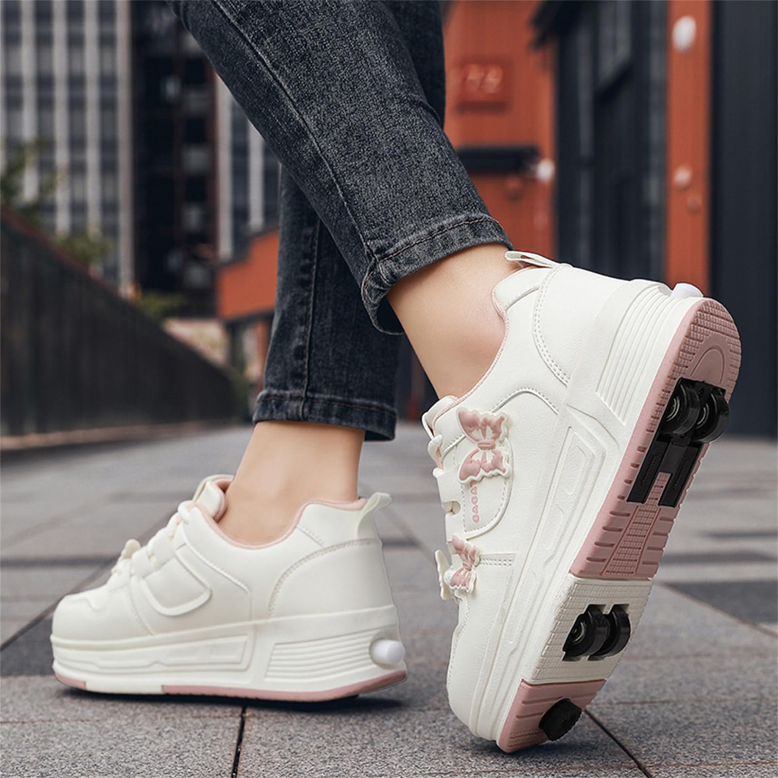 Mateju Chaussures à roulettes Fille Patins à roulettes Automatiques Rétractable Enfant avec 4 Roulette, Papillon 2 en 1 Chaussures de Skateboard Réglables Adolescents pour Femme