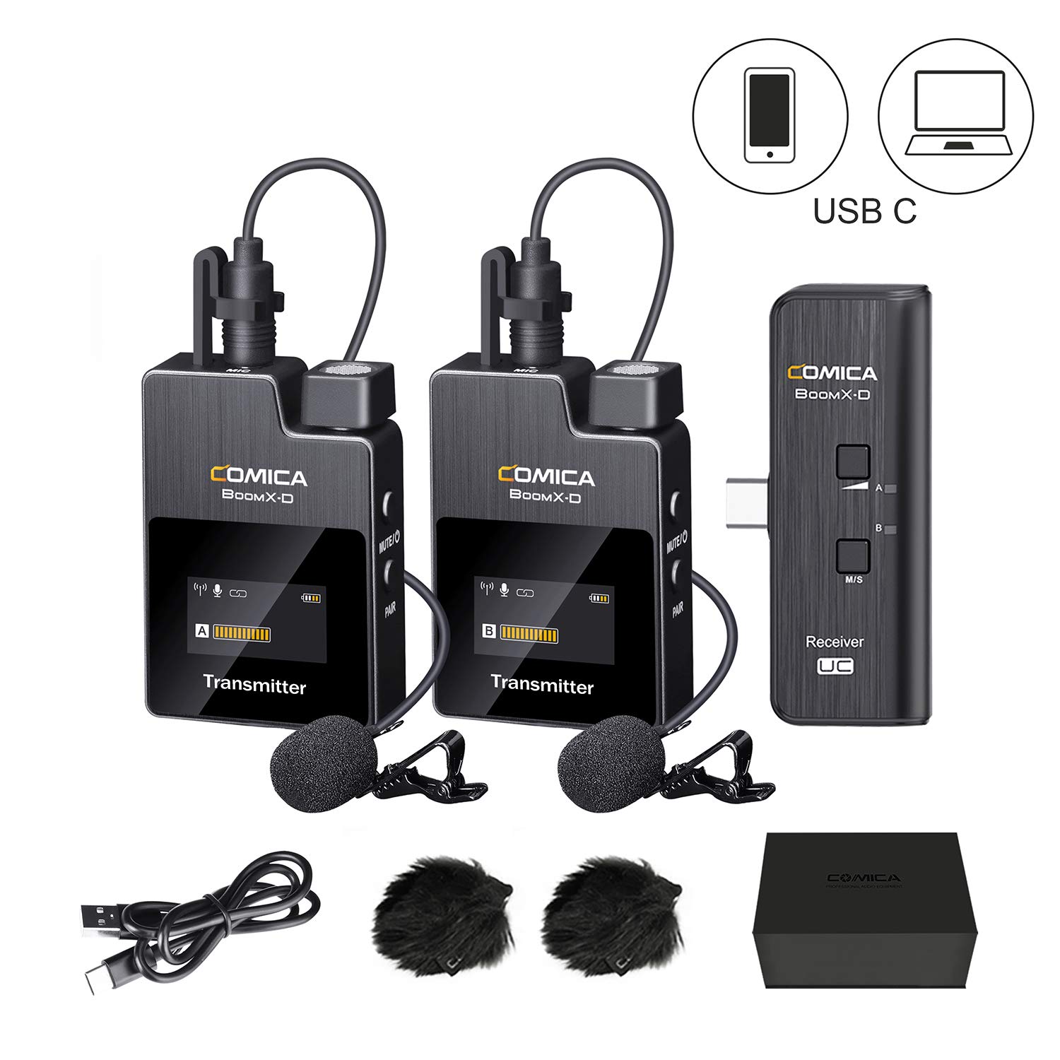 COMICAWireless Lavalier Microphone, BoomX-DUC2 2.4G USB C Wireless Smartphone Microphone System with 2 Transmitter&1 Receiver,Lav Mic for Laptop Podcast Interview YouTube Vlog Facebook Live-steam
