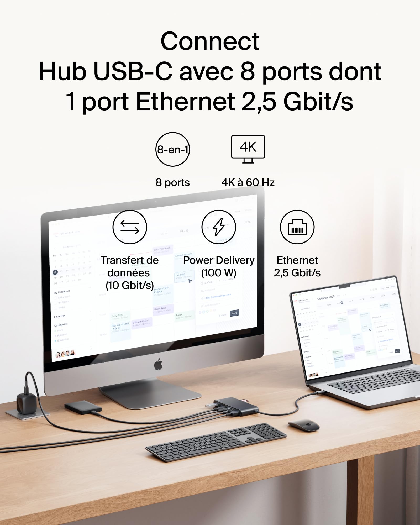 Belkin Connect Hub USB C 8-en-1, Prise en Charge De La Résolution 4K à 60 Hz, Fonctionne avec Mac, Windows, Chromebook, PD de 100 W, Transfert De Données De 10 Gbit/s, Ethernet De 2,5 Gbit/s - Noir