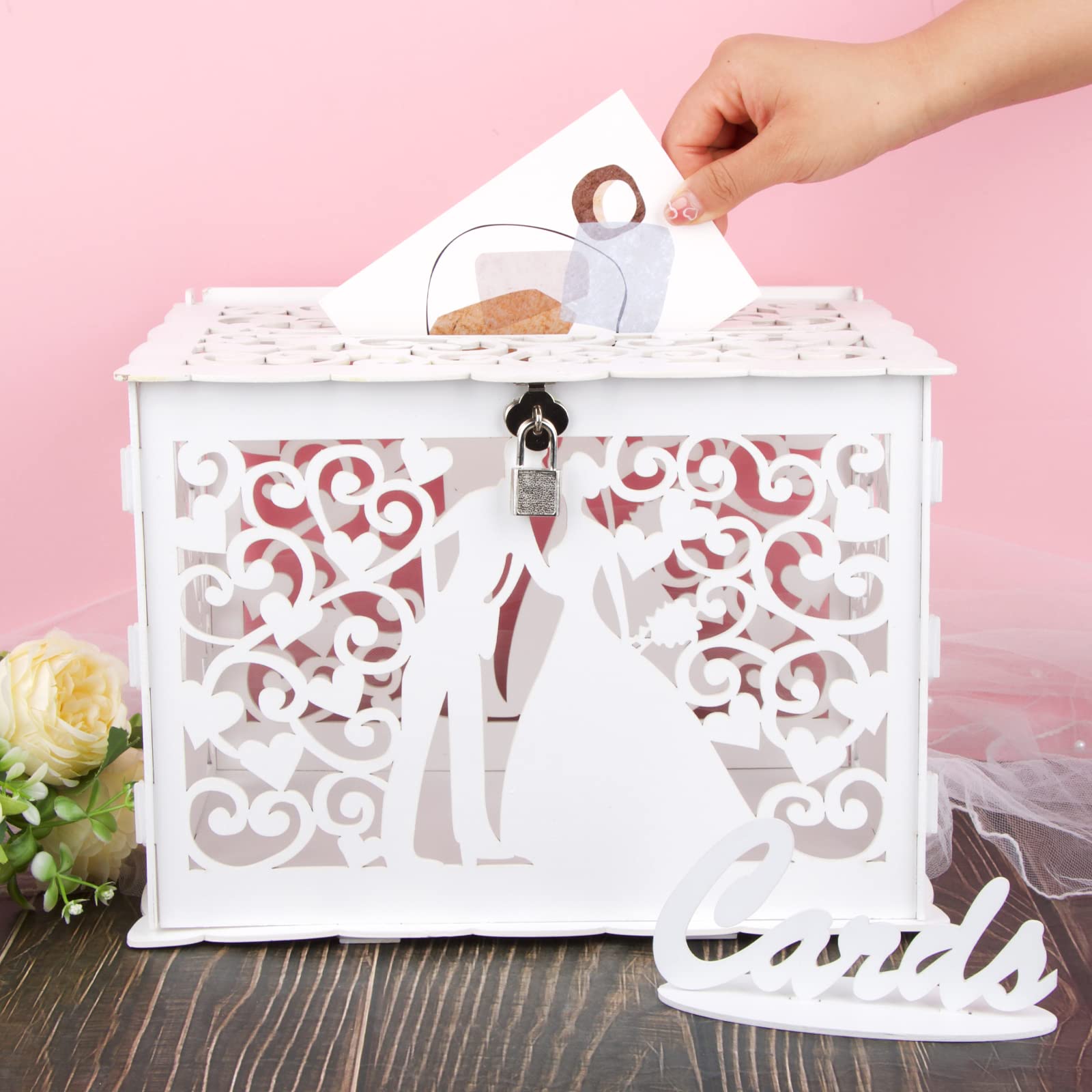 Scatola di Carte di Nozze in Legno Scatola per Cartoline di Nozze con Serratura per Regalo Matrimonio Compleanno Baby Shower Laurea Anniversario Ricevimento
