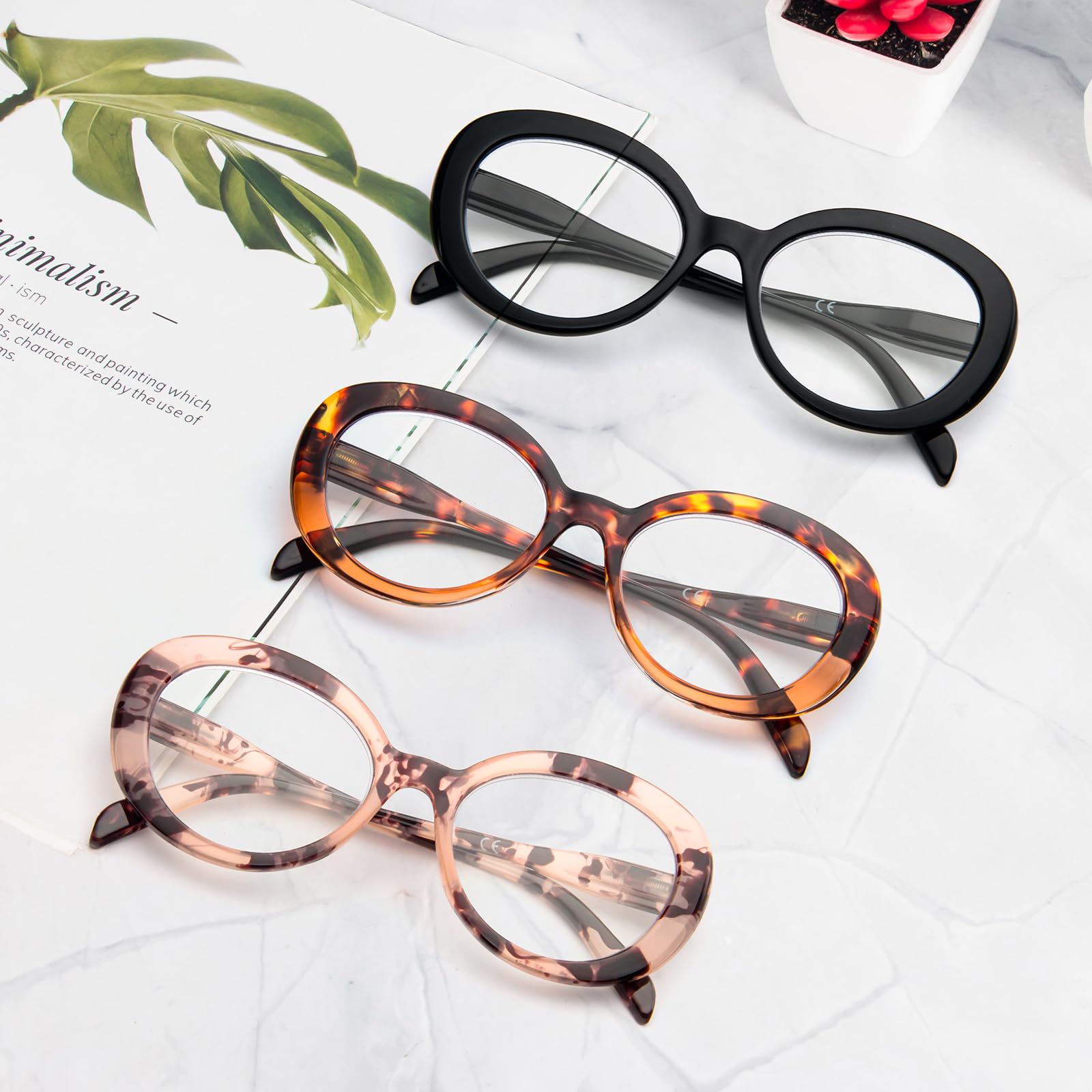KoKoBin 3 confezioni di occhiali da lettura da donna vintage oversized, lettore di anti-luce blu computer alla moda (Nero/Leopardo Marrone/Rosa Leopardo, 1, x)