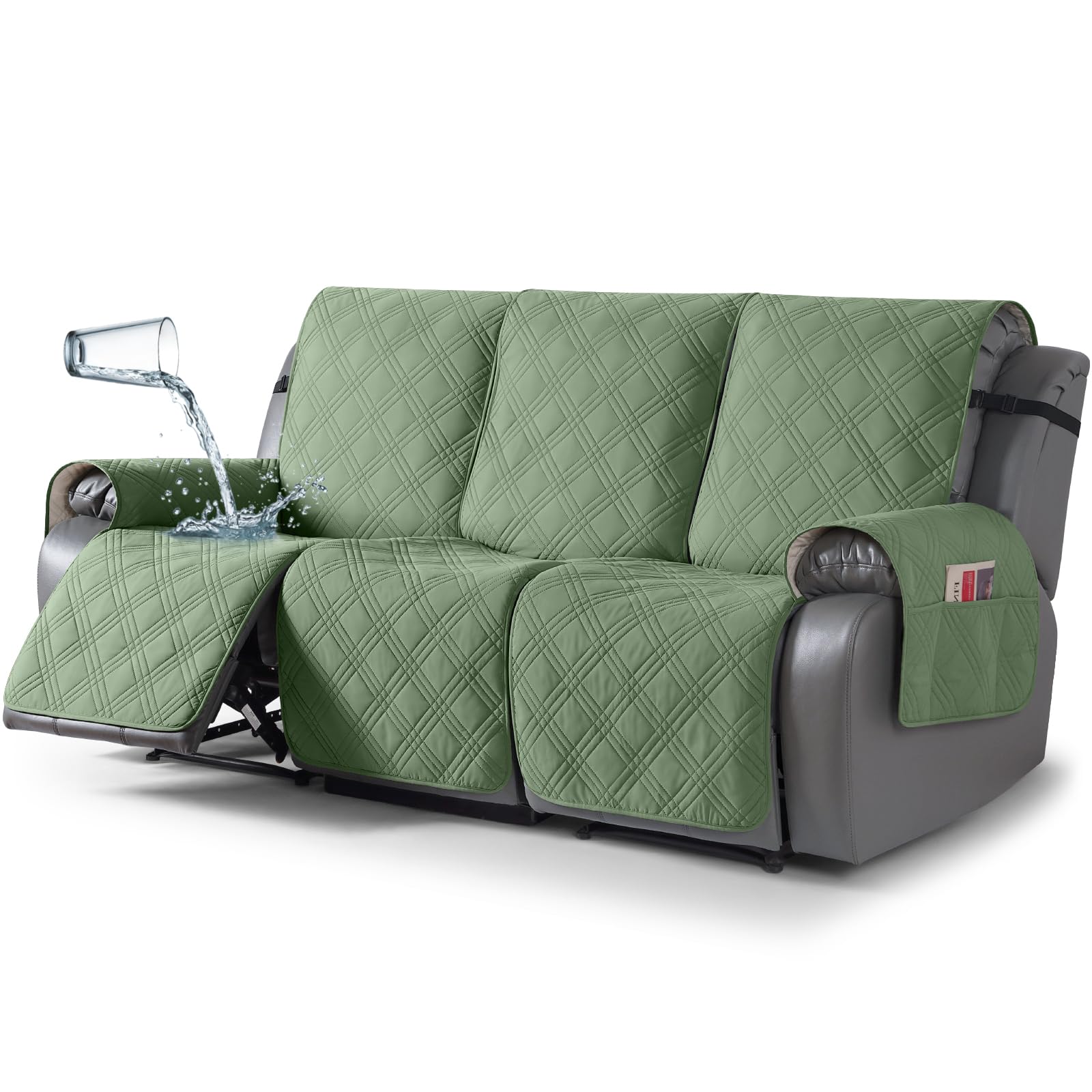 TAOCOCO 100% Waterproof Recliner Sofa Cover, Non Slip Split Couch Covers for Reclining Couches with Elastic Strap, Washable Reclining Sofa Cover Furniture Protector for Kids Pets(3 Seater, Bean Green)