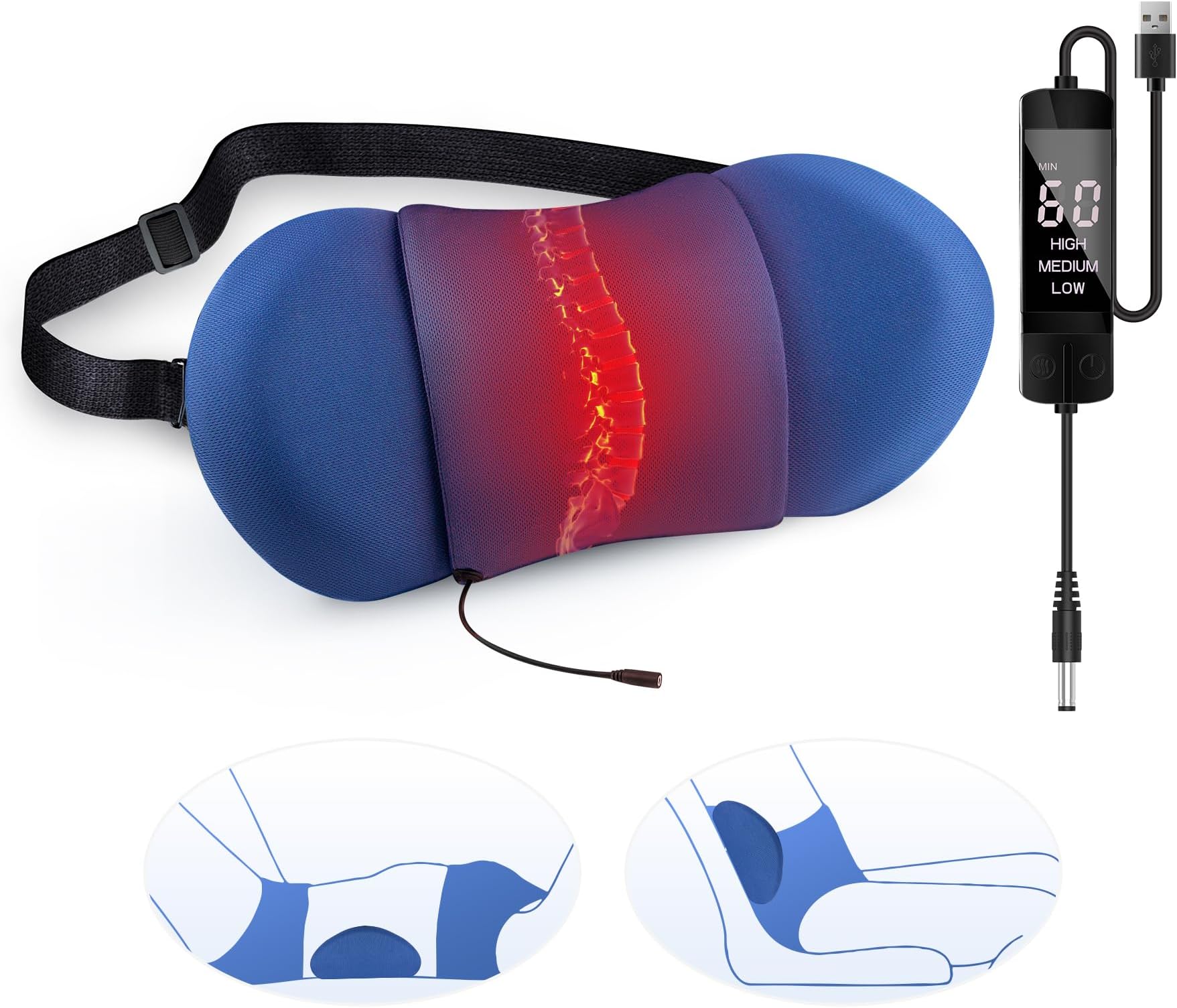 Dikuer Heated Lumbar Support Pillow, Memory Foam Lumbar