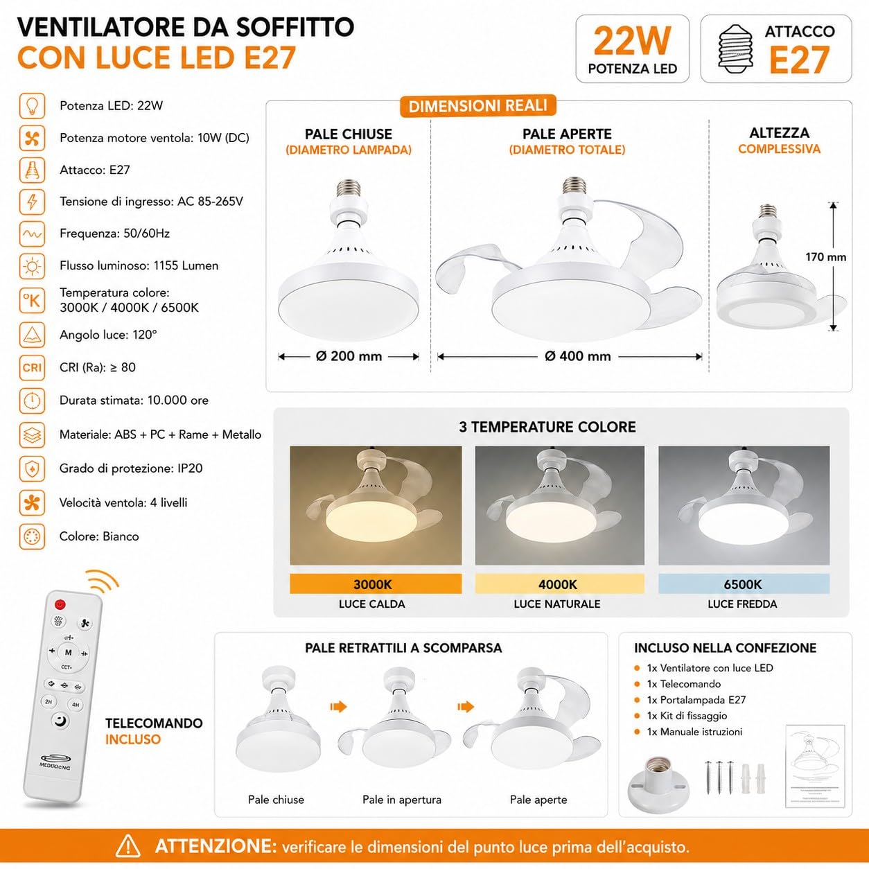 Partenopea Ventilatore da Soffitto con Luce LED E27 Pale Retrattili Telecomando Dimmerabile 3 Temperature Colore 4 Velocità Ventola Lampada Soffitto Silenziosa Attacco E27 per Camera Cucina Studio