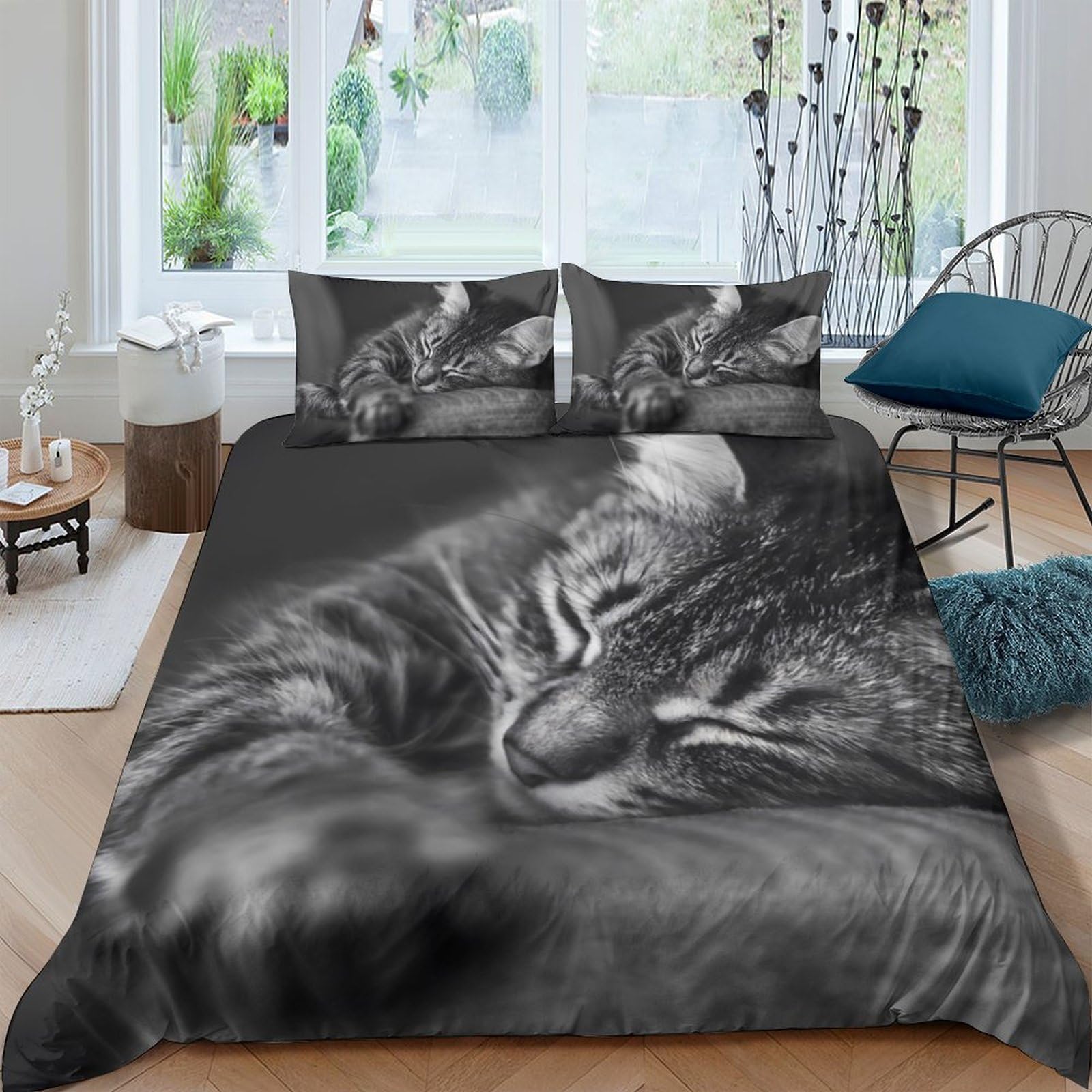 Ctjqhvkz Style-1 3D Printed Sleeping Cat Fitted Sheet Microfiber Black Grey Animal Pattern Mattress Cover For Bedroom Dorm Decor Single（135X200cm）