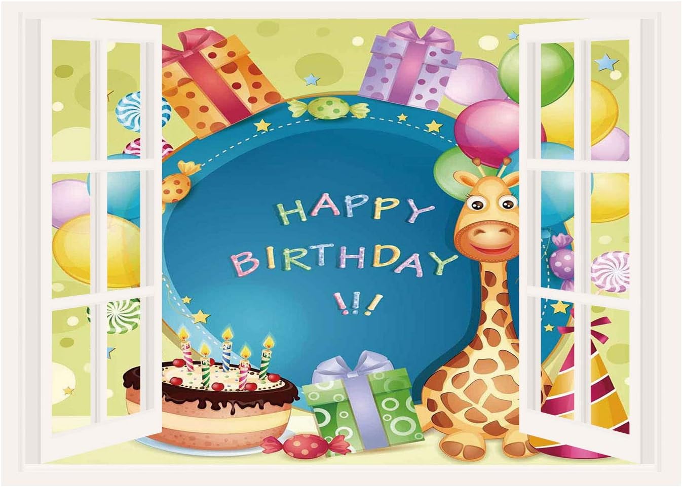 SCOCICI Window Frame Style Home Decor Art Removable Wall Sticker/Birthday Decorations for Kids,Congratulation Wishes on Blue Backdrop Party Balloons Print,Multicolor/Wall Sticker Mural