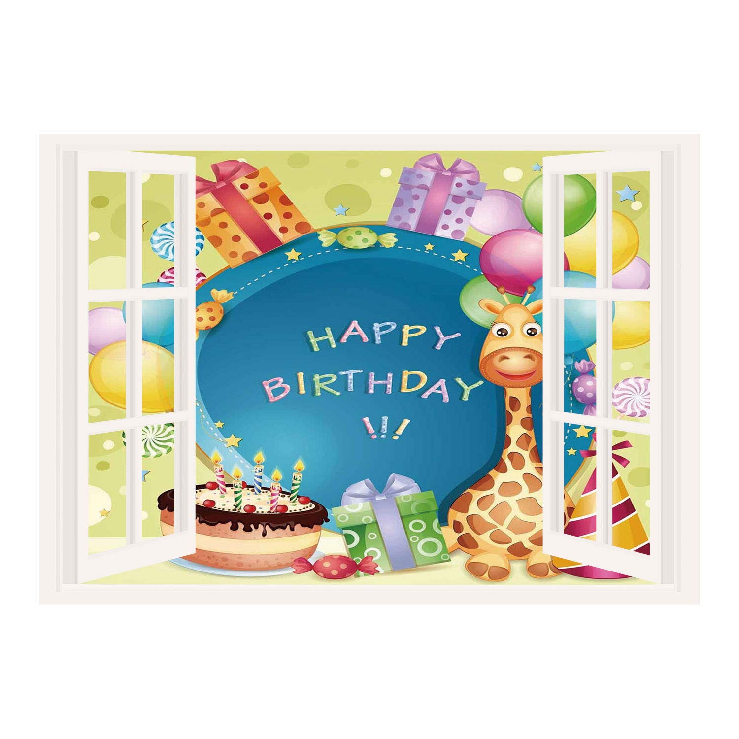 SCOCICI Window Frame Style Home Decor Art Removable Wall Sticker/Birthday Decorations for Kids,Congratulation Wishes on Blue Backdrop Party Balloons Print,Multicolor/Wall Sticker Mural