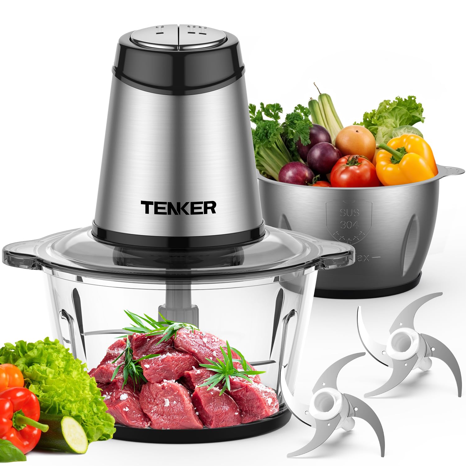 TENKER Food Processor, Electric Food Chopper with 2 Bowls (2L+2L), 2 Sets Blades, 500W Meat Grinder & Veggie Chopper, 2 Speed for Baby food &Family Use, Black