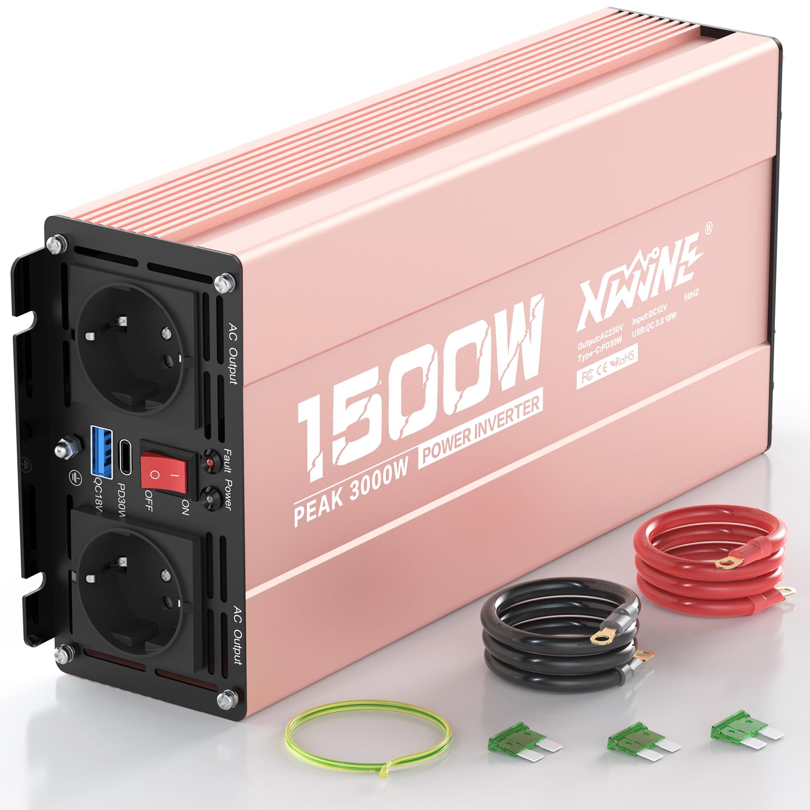 XWJNE 1500W Inversor 12V a 220V, Convertidor para Coche con 1 Enchufe EU, 2 Puertos USB-A, 2 Puertos USB-C, Inversor de Corriente Onda Sinusoidal Modificada con Pantalla LCD y Control Remoto