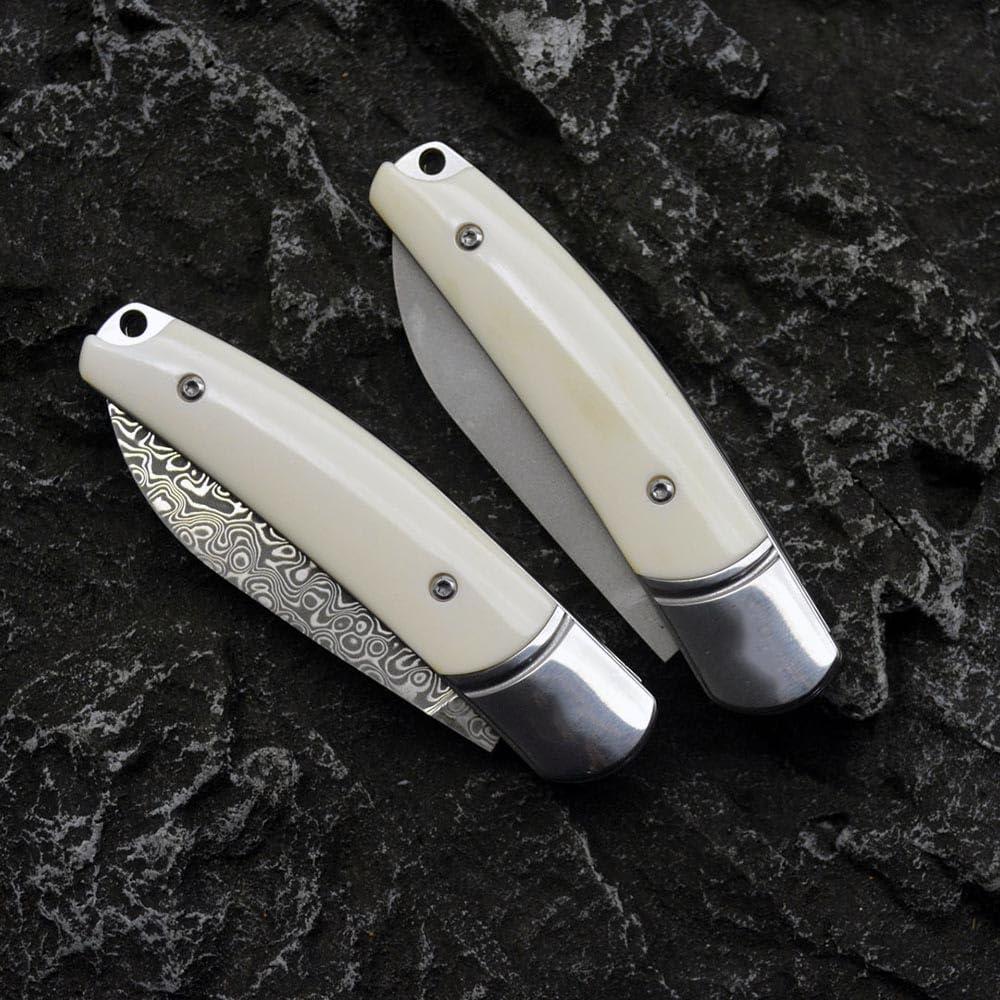 Klappmesser 6.8" Damast taschenmesser edelstahl damaststahl damaszener, klappbar edc taktisches messer scharfes tanto, Damaskus stahl messer Geschmiedet, Outdoor klein messer neck knife, Weiß Knochen