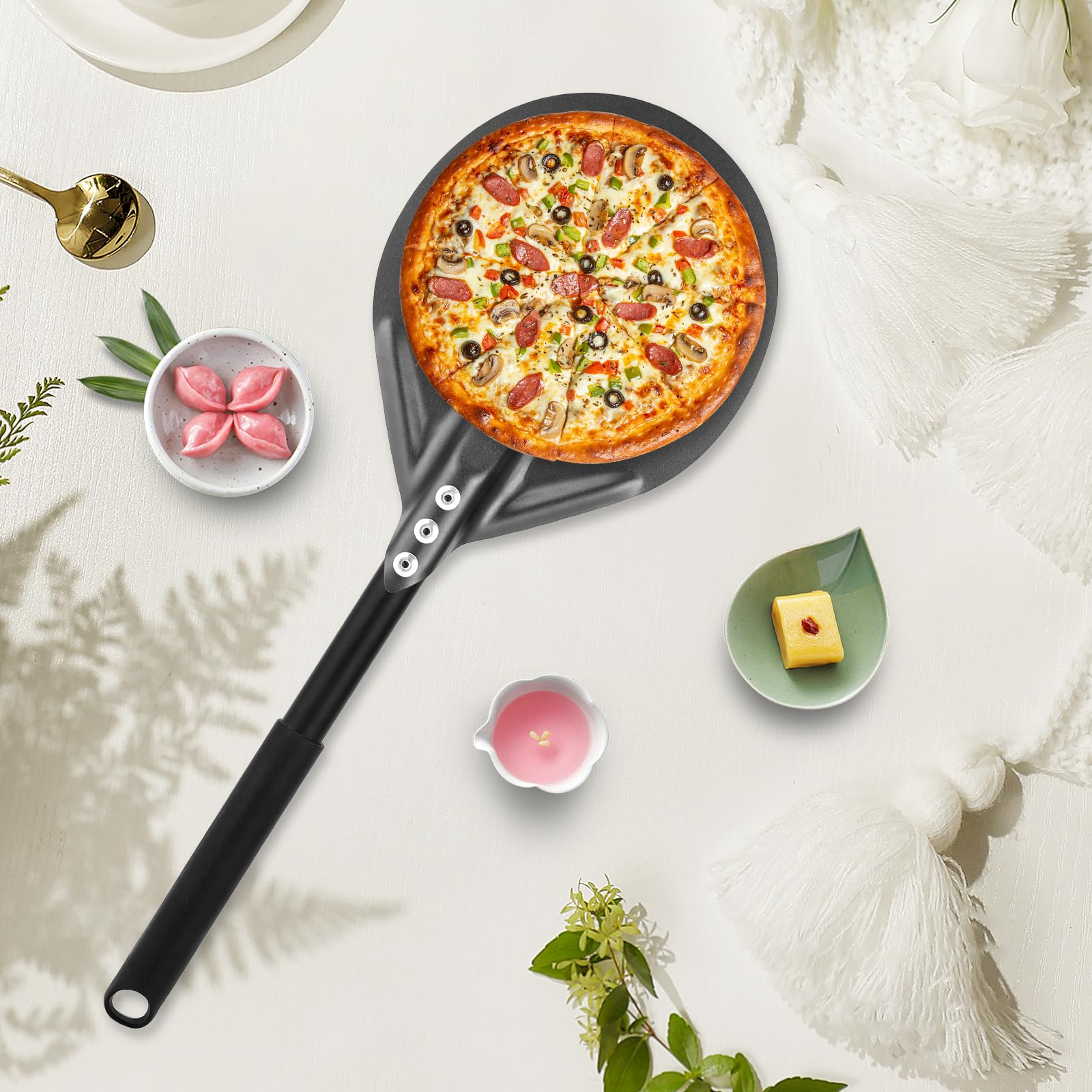 Espátula perforada para pizza de 6 pulgadas, espátula de pizza de mango largo, espátula de pizza de metal para interiores y exteriores (6 pulgadas) 3