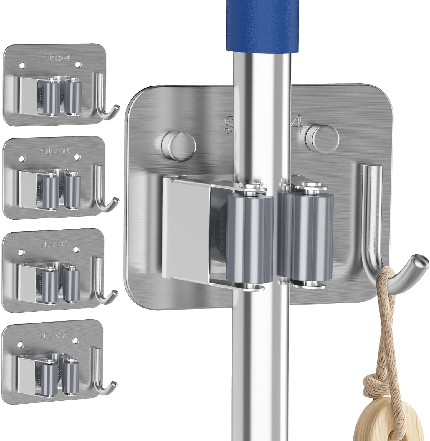 KBS Mop Broom Toilet Jet Spray Holder (Pack of -2) with 1 Hanger Hook Heavy Duty Metal Wall Mounted Without Drilling Self Adhesive Storage Organizer for Home Kithen Bathroom Garden Garage (Silver)