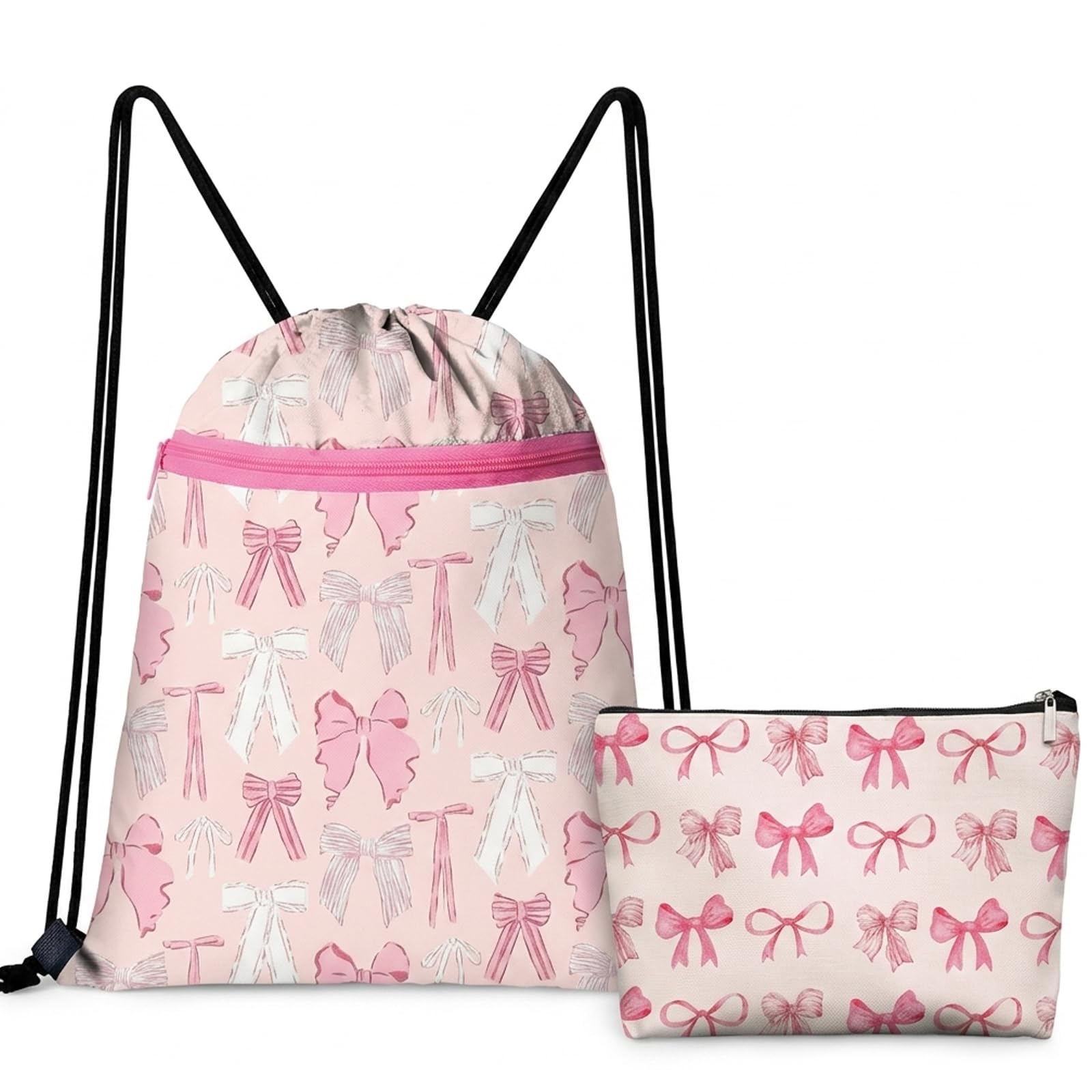 BeoTnp 2 Pcs Swimming Bag, Girls Swimming Bag, Drawstring Bag Closure, Waterproof Design for Swimming Sports and School Activities, Cute Bow Set Including and Cosmetic Pouch
