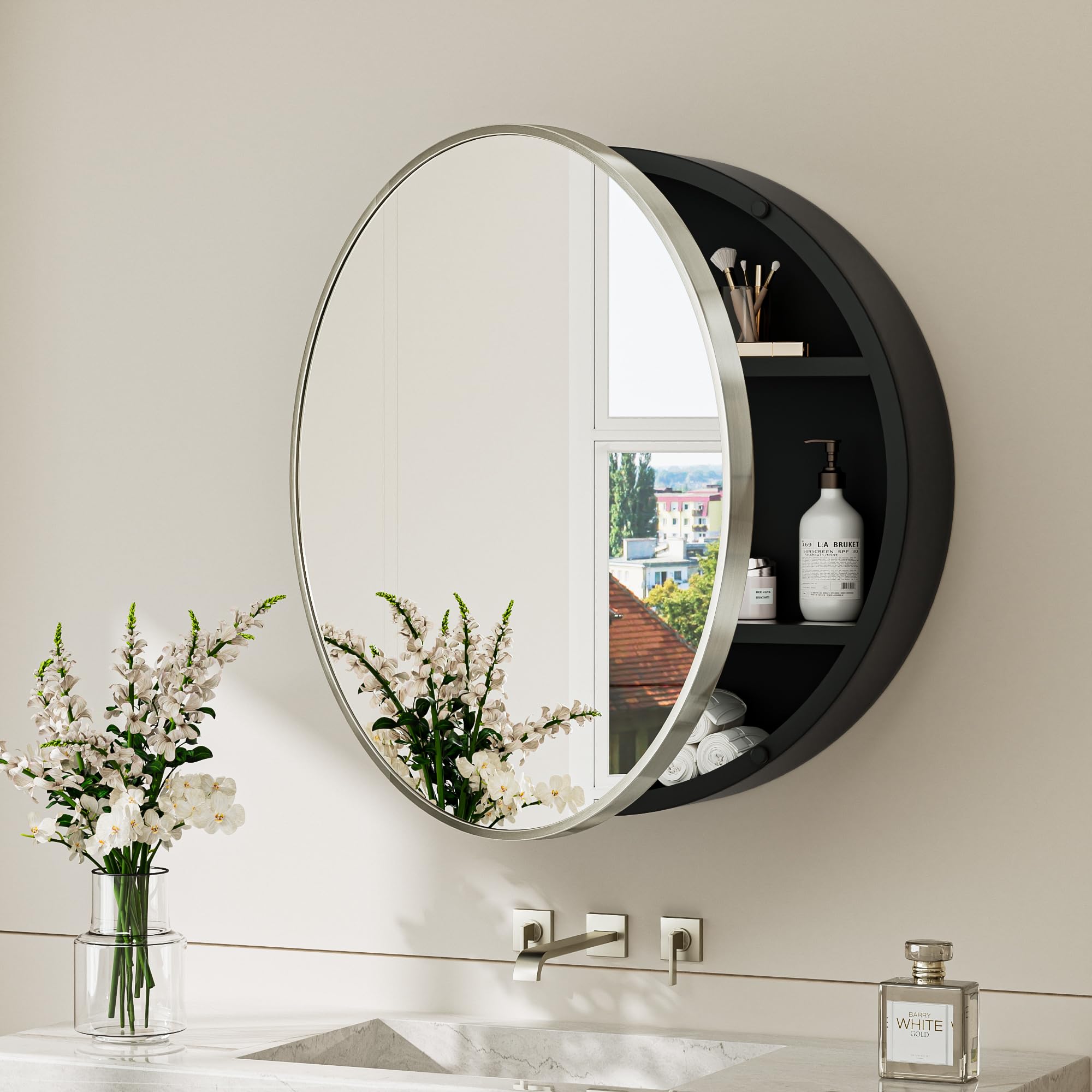 TokeShimi 24 x 24 in Circle Medicine Cabinet, Stainless Steel Door Frame