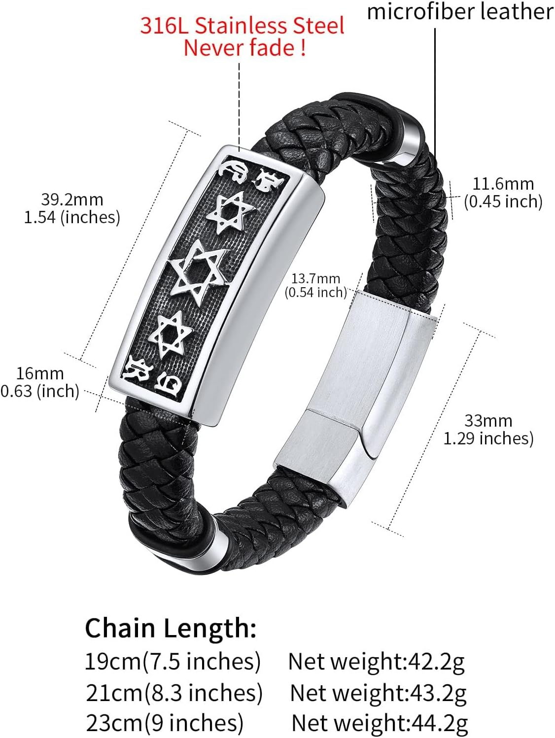 ChainsHouse Mens Wrap Braided Leather Black Bead Bracelets Bangles, Vintage Star of David/Wing Skull/Templar Cross Genuine Leather Bracelet, Customize Available, Size 7.5/8.3/9.0 Inch, Send Gift Box - Image 6