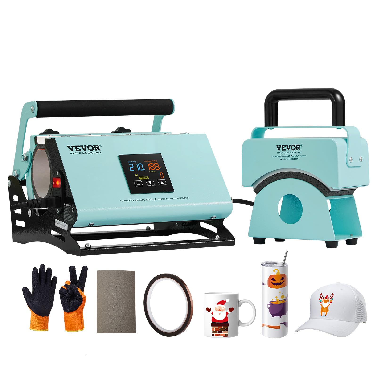 VEVOR 2 en 1 Máquina de Prensado Térmico para Vasos y Gorras Mini Prensa Térmica para Sombreros Prensa Térmica para Vasos y Tazas de Sublimación de 11-30 oz, Control de Temperatura y Tiempo, Verde