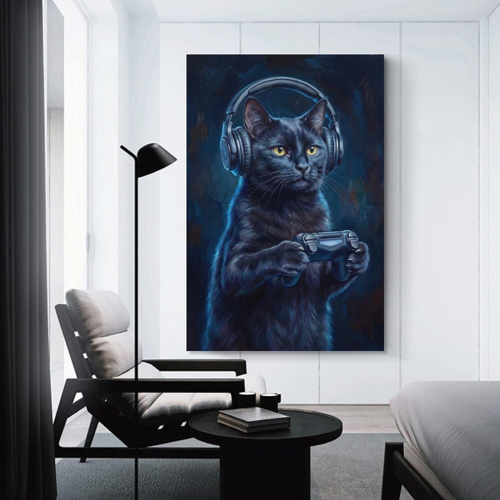 Junmoney Unframe-Style-1 Wall Picture Print Black Cat Gamer, 08X12inch(20X30cm), For Entrance Walls, Hall Decor Or Foyers, Home Artwork For First Impressions