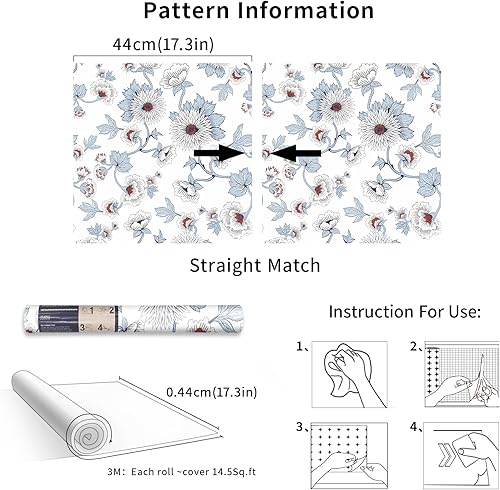 Miniatura 7 de Papel tapiz vintage floral azul y blanco de 17.3 x 118 pulgadas, papel tapiz autoadhesivo retro de margaritas, papel de contacto extraíble para