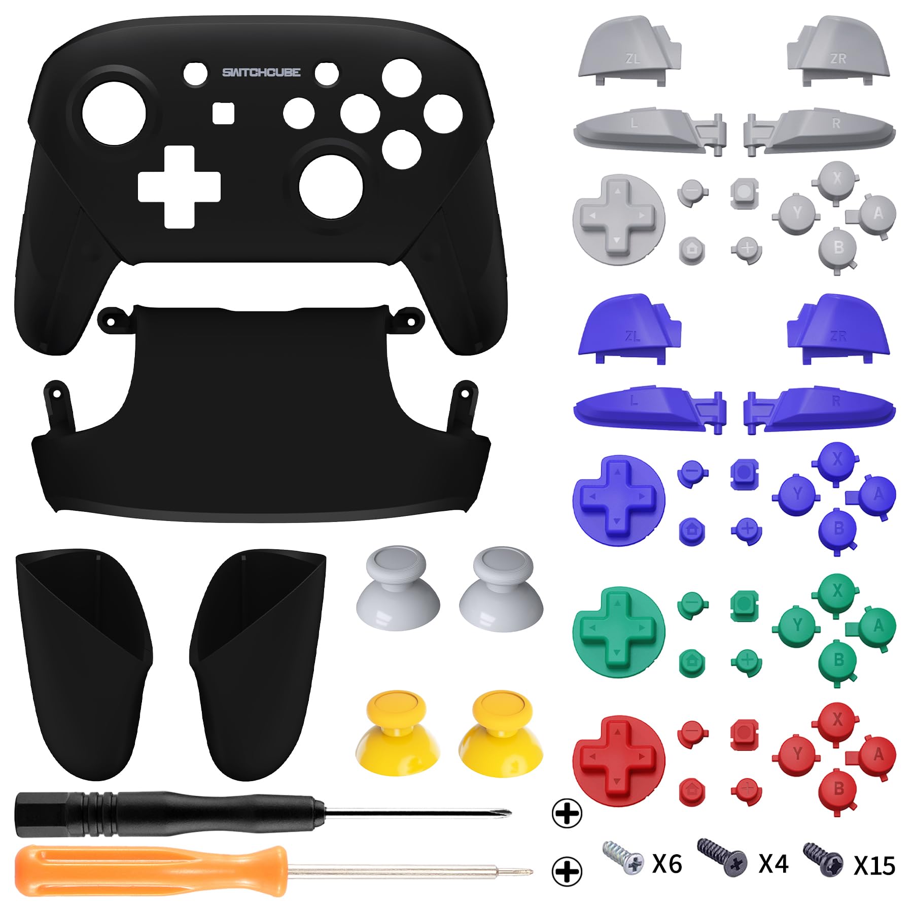 eXtremeRate Griff Hülle Set kompatibel mit Nintendo Switch Pro Controller, DIY-Ersatz Front Case/Back Shell&Handgriff Grips Case Gehäuse Zubehör für Switch Pro Controller-Schwarz SwitchCube Stil