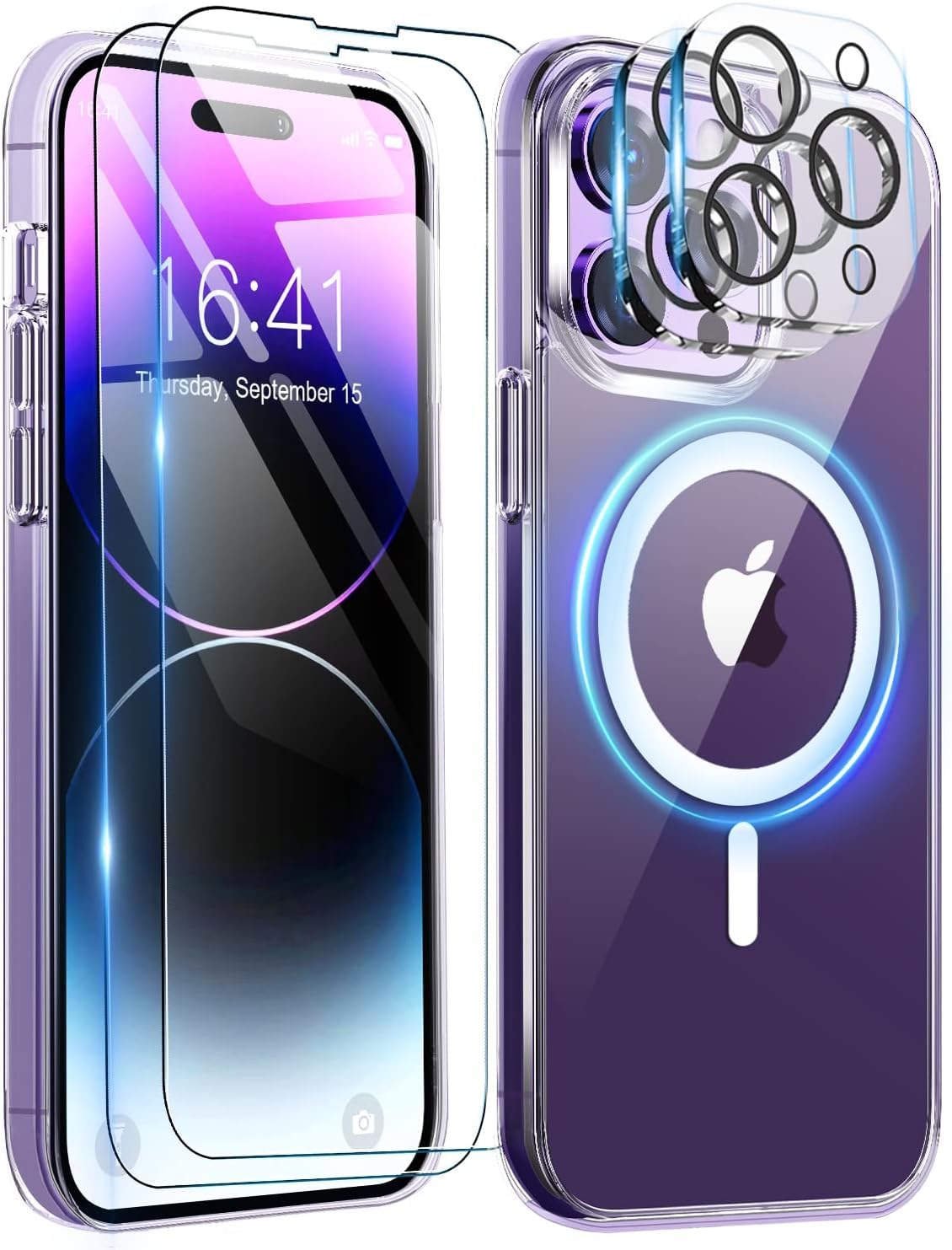 [Updated] [1+2+2] Magnetic Case compatible with iPhone 15 Pro 6.1" [Anti-Yellowing] [Fit for Ma-gs-afe] with Screen Protector (2 Pack) +Camera Protector (2 Pack), Clear Case Cover (15 Pro, Clear)