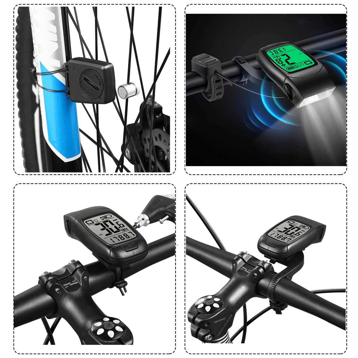 Wireless Tachimetro Bici Luci LED Campanello Impermeabile IPX5 Computer Bicicletta Ricaricabile 3 in 1