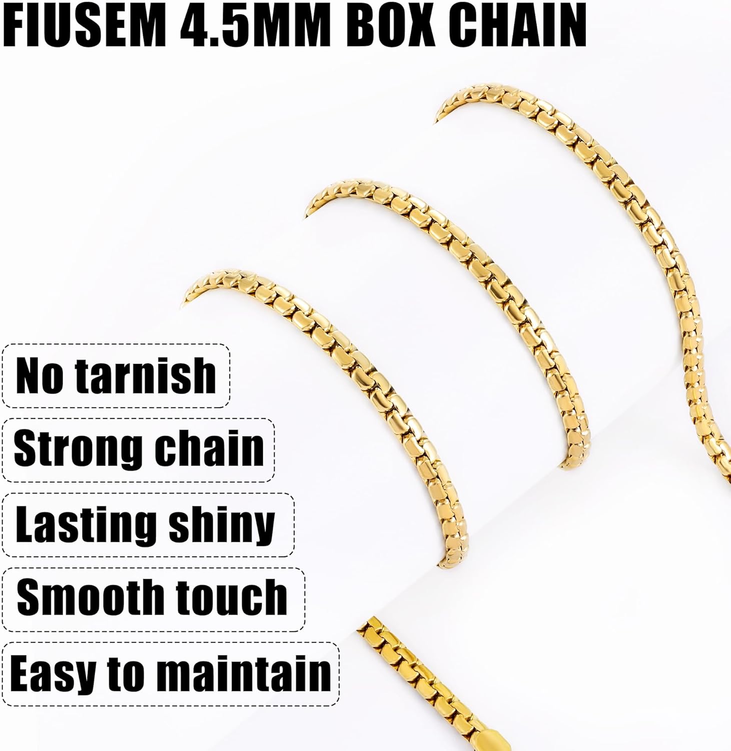 Fiusem Flat Box Chains for Men, 14k Gold Plated/Black Stainless Steel Chain Necklace, 2.5/3/4/4.5/5mm Necklaces for Men and Women 16-28 Inch - Image 7