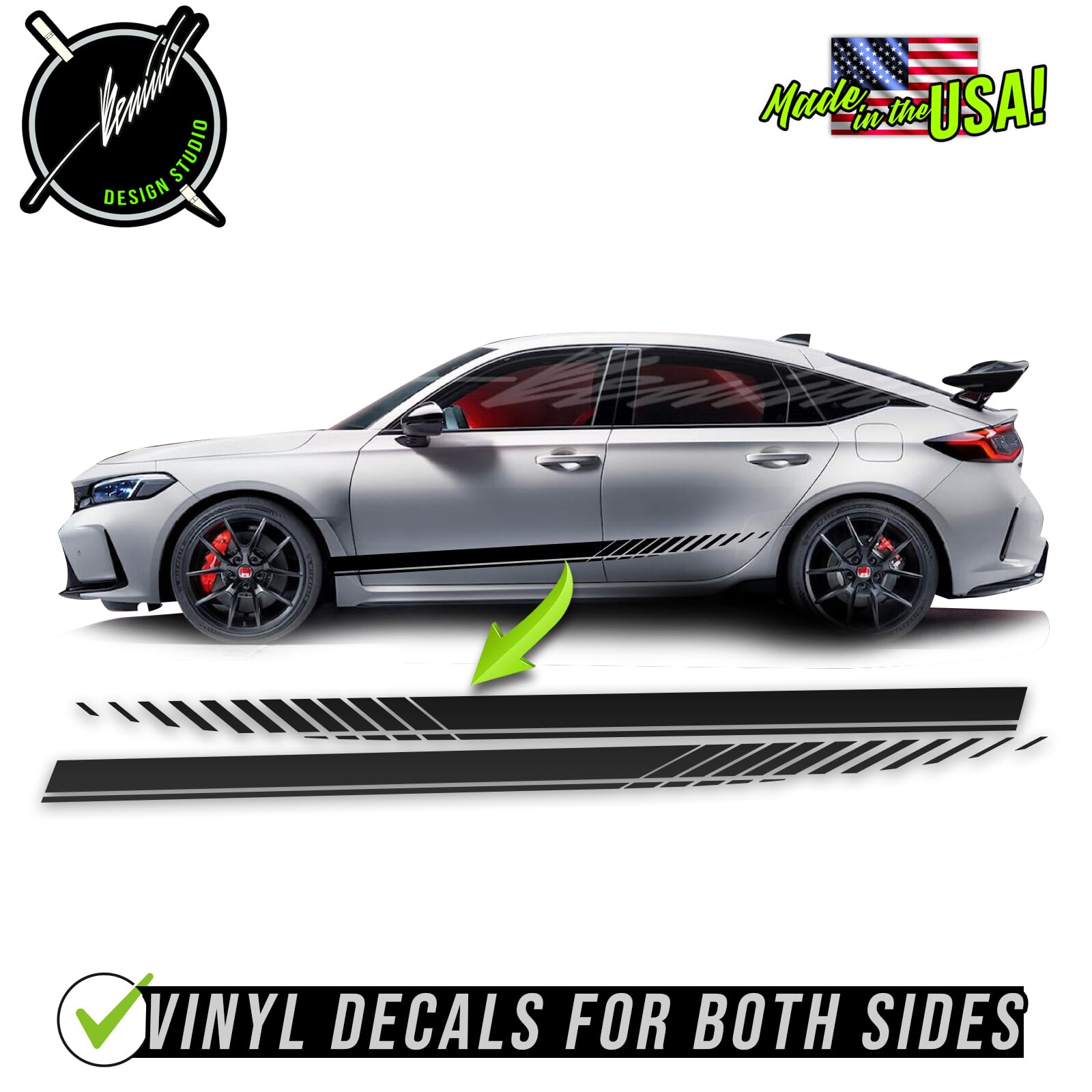 Pre-Cut Side Door Skirt Vinyl Decal Stripes For 2016-2021 Honda Civic – 2-Piece Gloss Black 13 thumbnail image