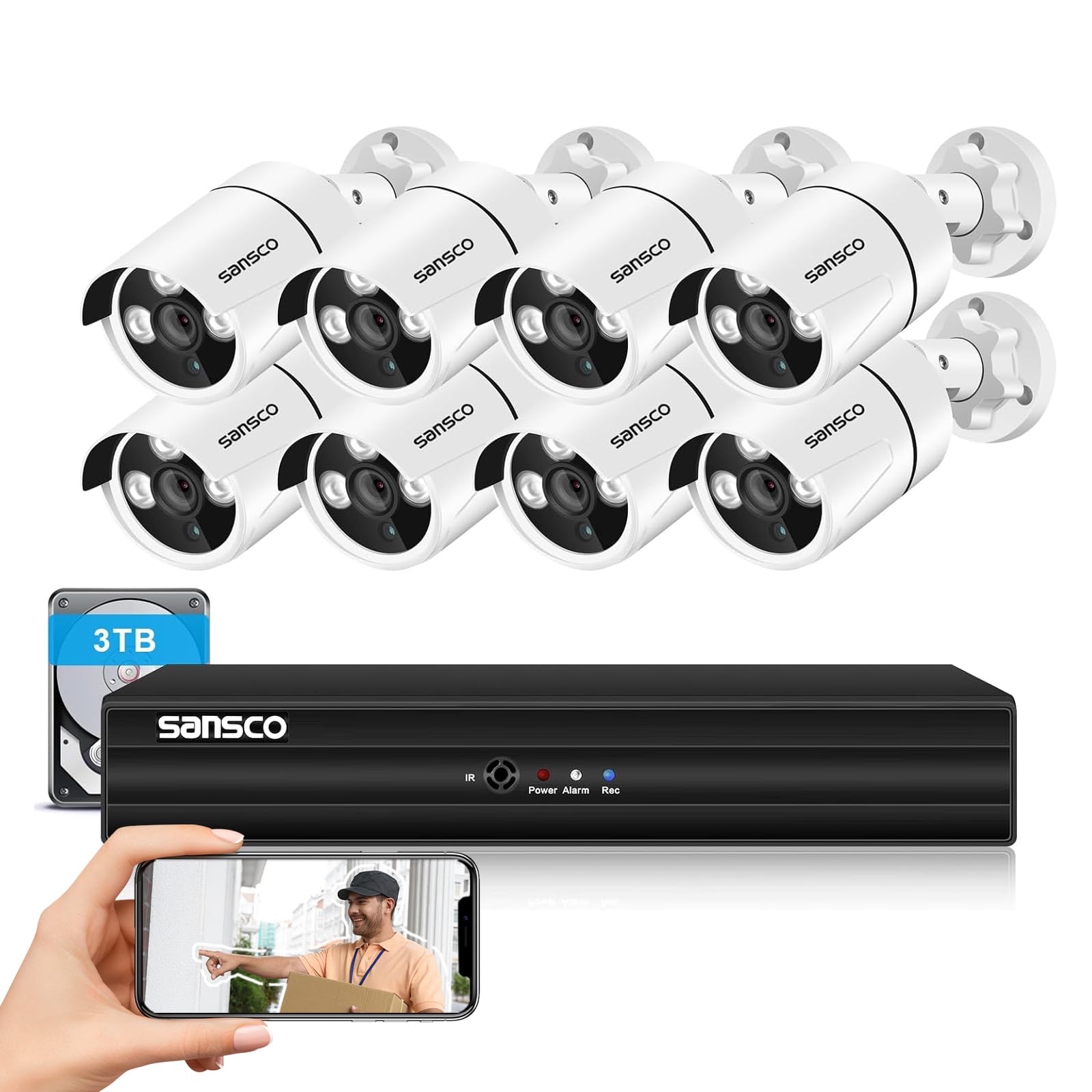 SANSCO 8 Channel 5MP DVR CCTV Camera System, 3TB Hard Drive for 24/7 Recording, 8pcs 3K Outdoor Security Cameras, Night Vision, Face/Human Detection, Waterproof, Easy Mobile Viewing