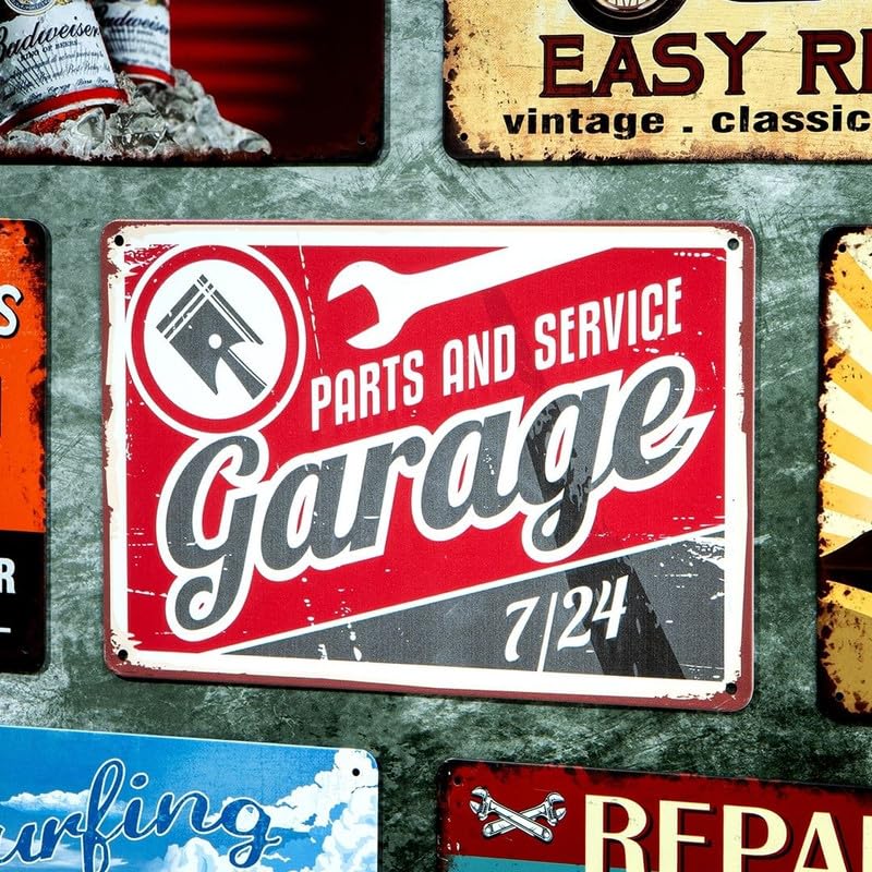 Image of Eazywagon Decorative Retro Metal Signs Wall Plate - 12x8 Inch (Garage-Parts and Service 7 /24) | Weatherproof Vintage Metal Sign Plate for Cafe, Home, Bar, Garage | Decorative Wall Hanging Sign Board