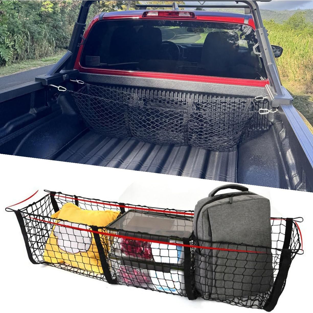 Rete da carico per Pickup per Ford Ranger 2012 T6 T7 T8, Organizer per Letto Camion a 3 Tasche Rete per Bagagli per Pickup Camion Rete per Letto Camion,150 * 30
