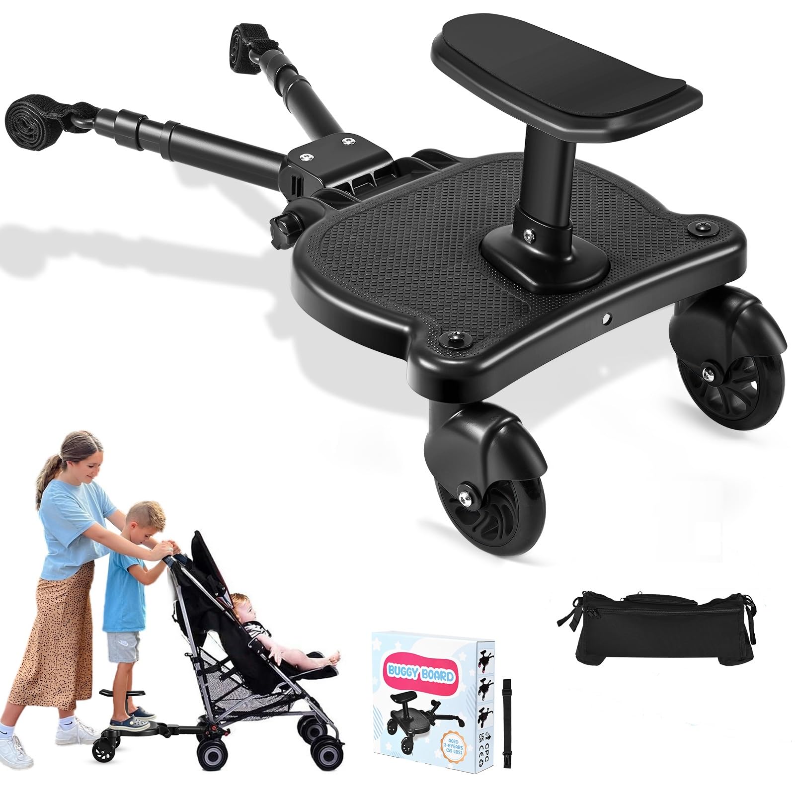 Planche Poussette Universelle avec Sac de Rangement, Marche Pied Poussette Universelle avec Siège, Compatible Avec 99% des Poussettespour, pour Bébé pour Enfants de 2 à 6 Ans (25KG)