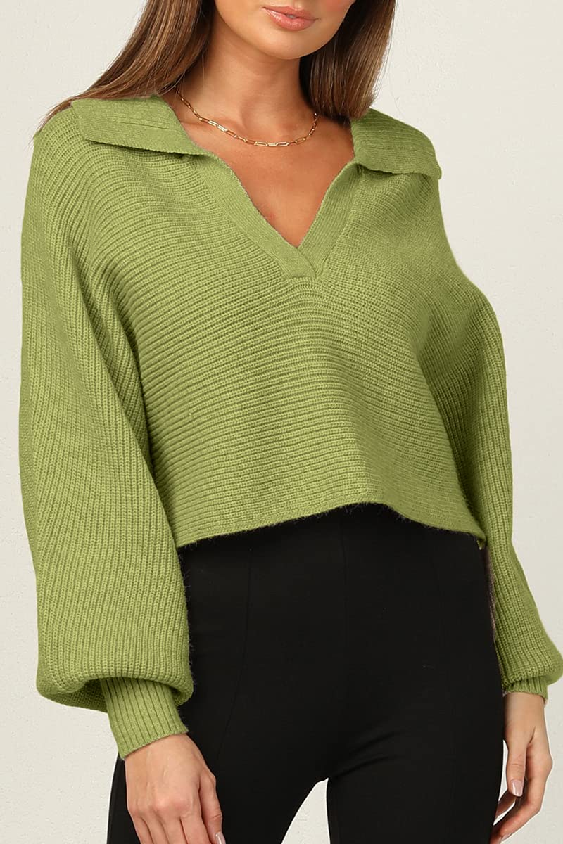 CHYRII Women Overized Puff Long Sleeve V Neck Knitted Polo Pullover Sweater Jumper Tops