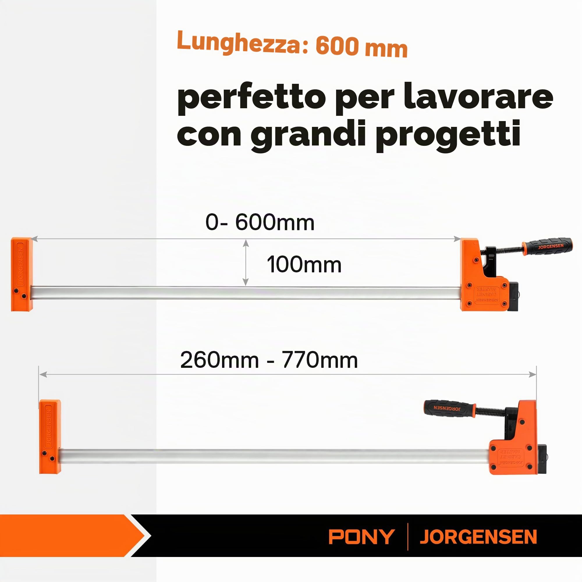 JORGENSEN Profi Morsetti da Falegname 2 Pezzi Serraggio 680 kg, 2-in-1 Set di Morsetti per Legno a sgancio rapido da 600mm, Morsetti a barra Fissaggio del Legno con una Sola Mano