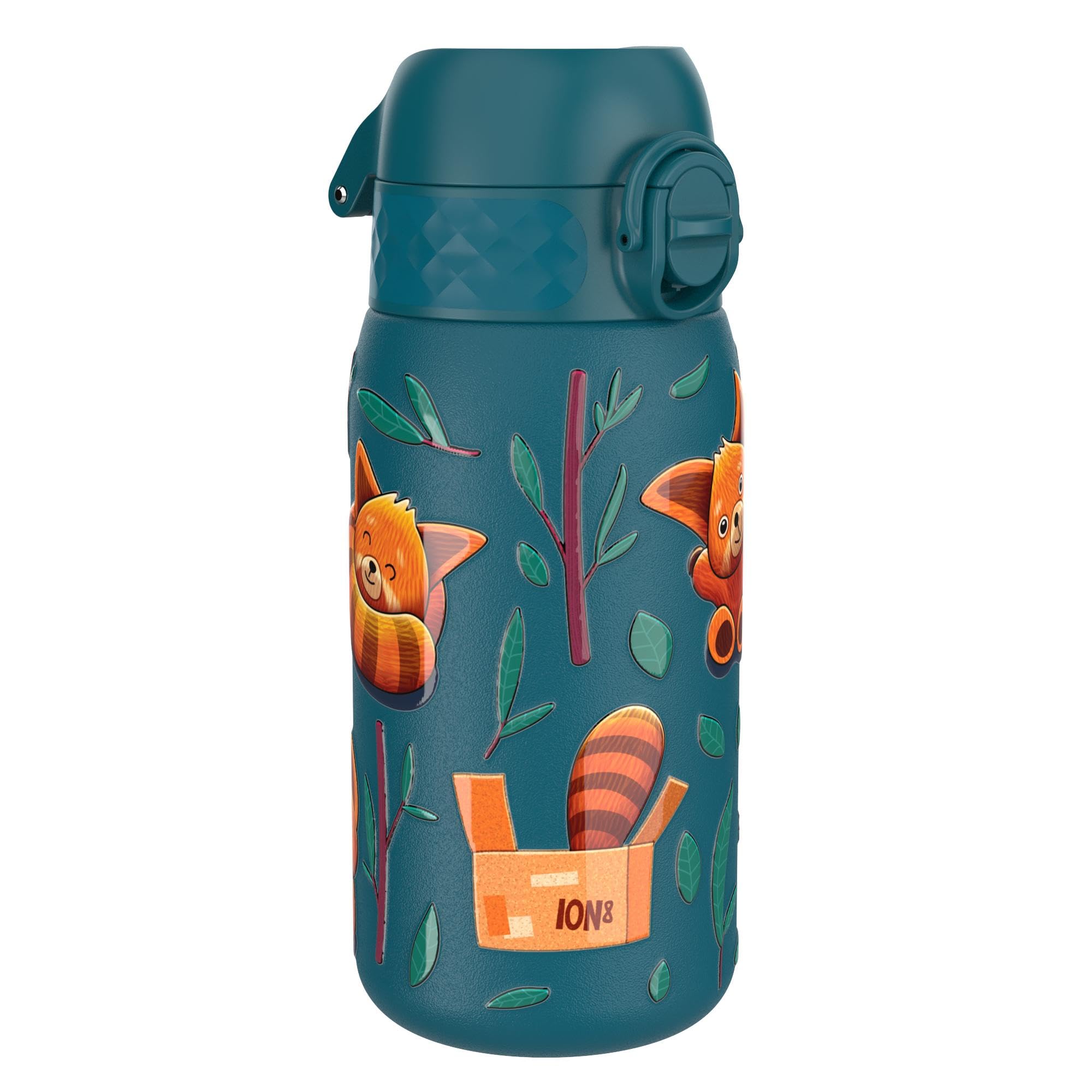 ION8 Vacuum Insulated Steel Water Bottle, 320 ml/11 oz, Leak Proof, Easy to Open, Secure Lock, Dishwasher Safe, Carry Handle, Metal Water Bottle, ThermoShield Stainless Steel, Red Pandas