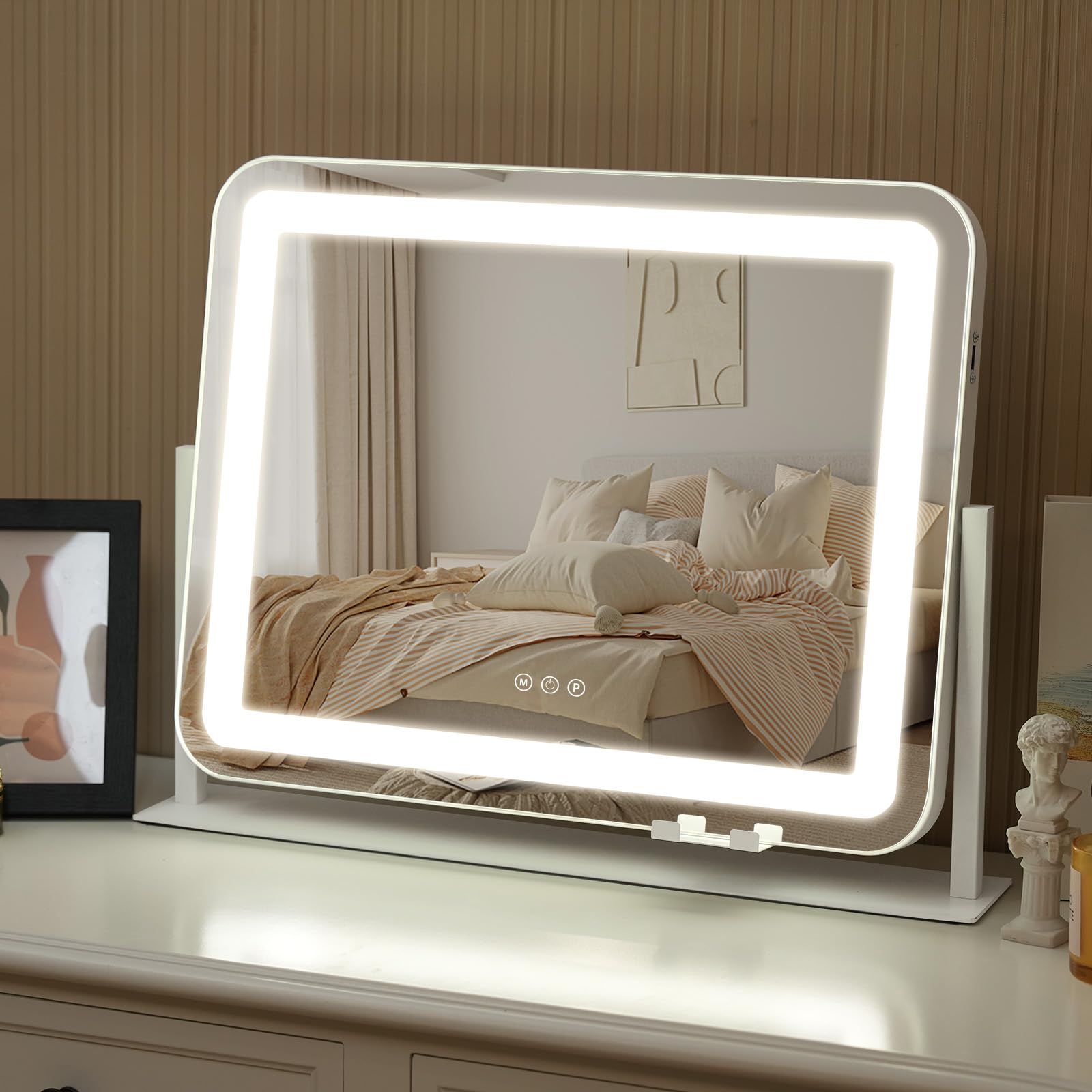 Sucedey Vanity Mirror with Lights, 20" x 16" Makeup Mirror, Lighted Vanity Mirror, 3 Color Modes & Adjustable Brightness, Detachable 10x Magnification and USB Charging Design (White)