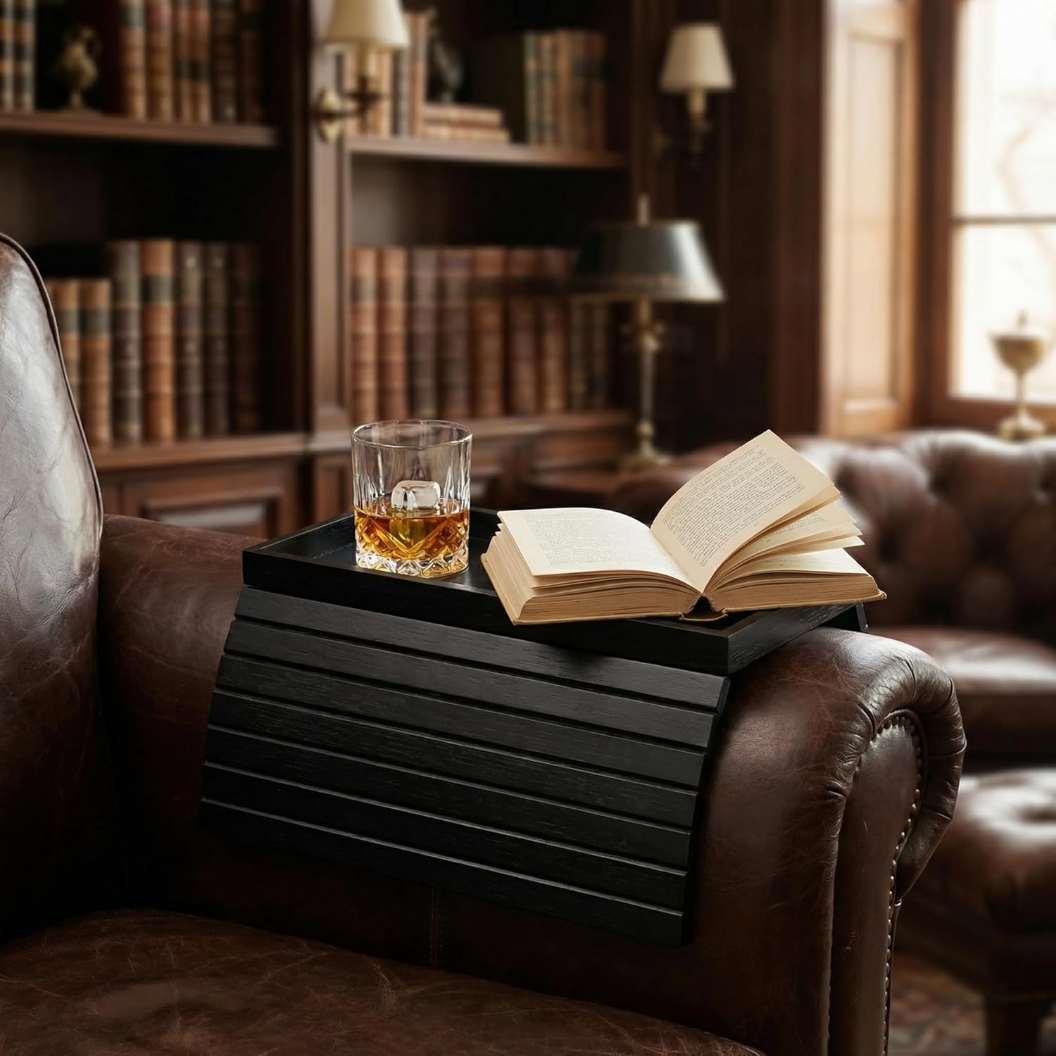 Couch Armrest Table, Bamboo Couch Cup Holder, Couch Cup Holder Tray, Sofa Arm Tray, Armchair Caddy 12.4" x 5.5" with Nonslip Felt Bottom, Sturdy Bamboo Slats for Armrests 6" and Wider (Black)