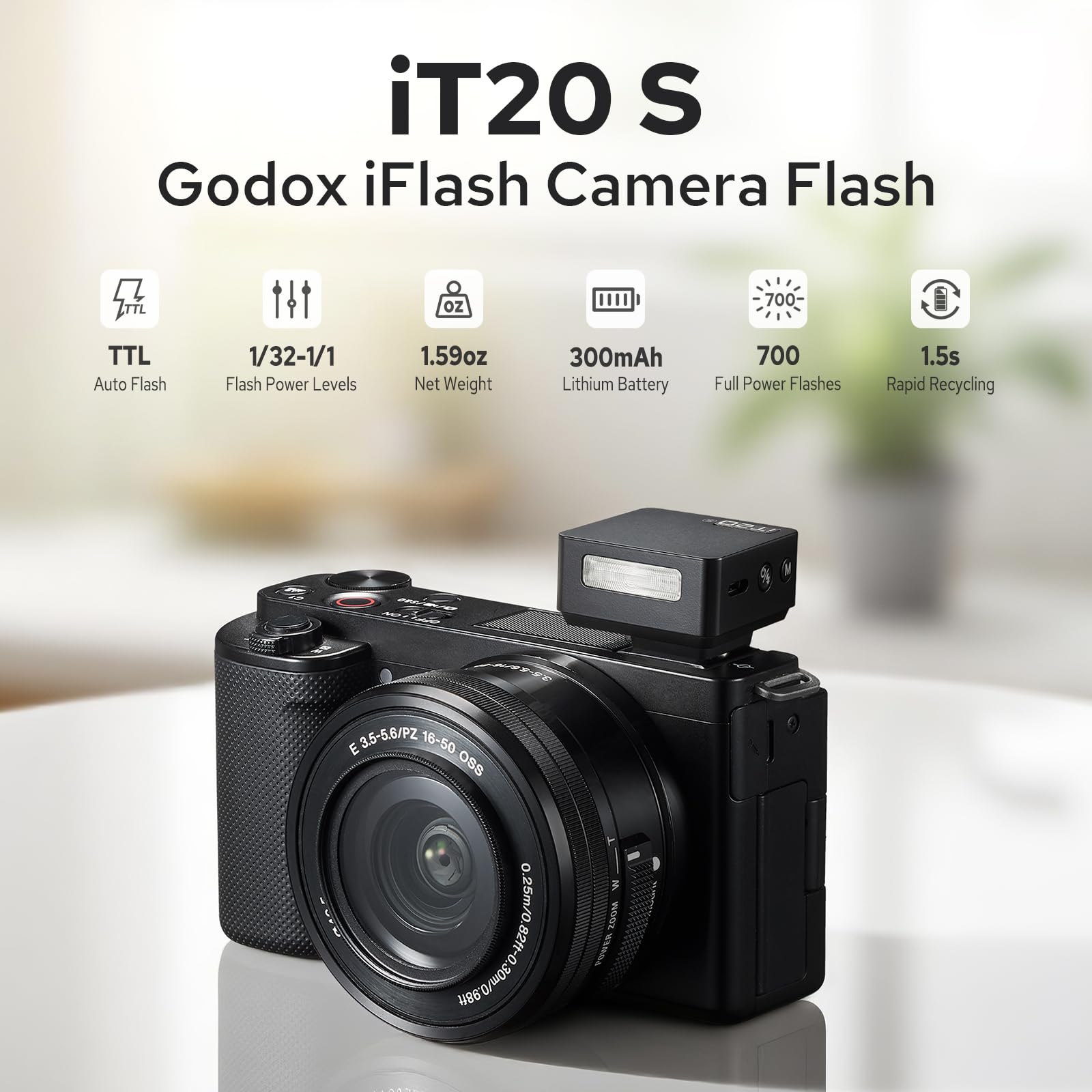 Godox iT20 S iT20S Flash Compatible para Sony, 700 Full Power Flashes, iT20 Mini TTL Camera Flash Strobe con Batería de Litio Built in Filtros de Color y Spreader Compatible con Cámara Sony